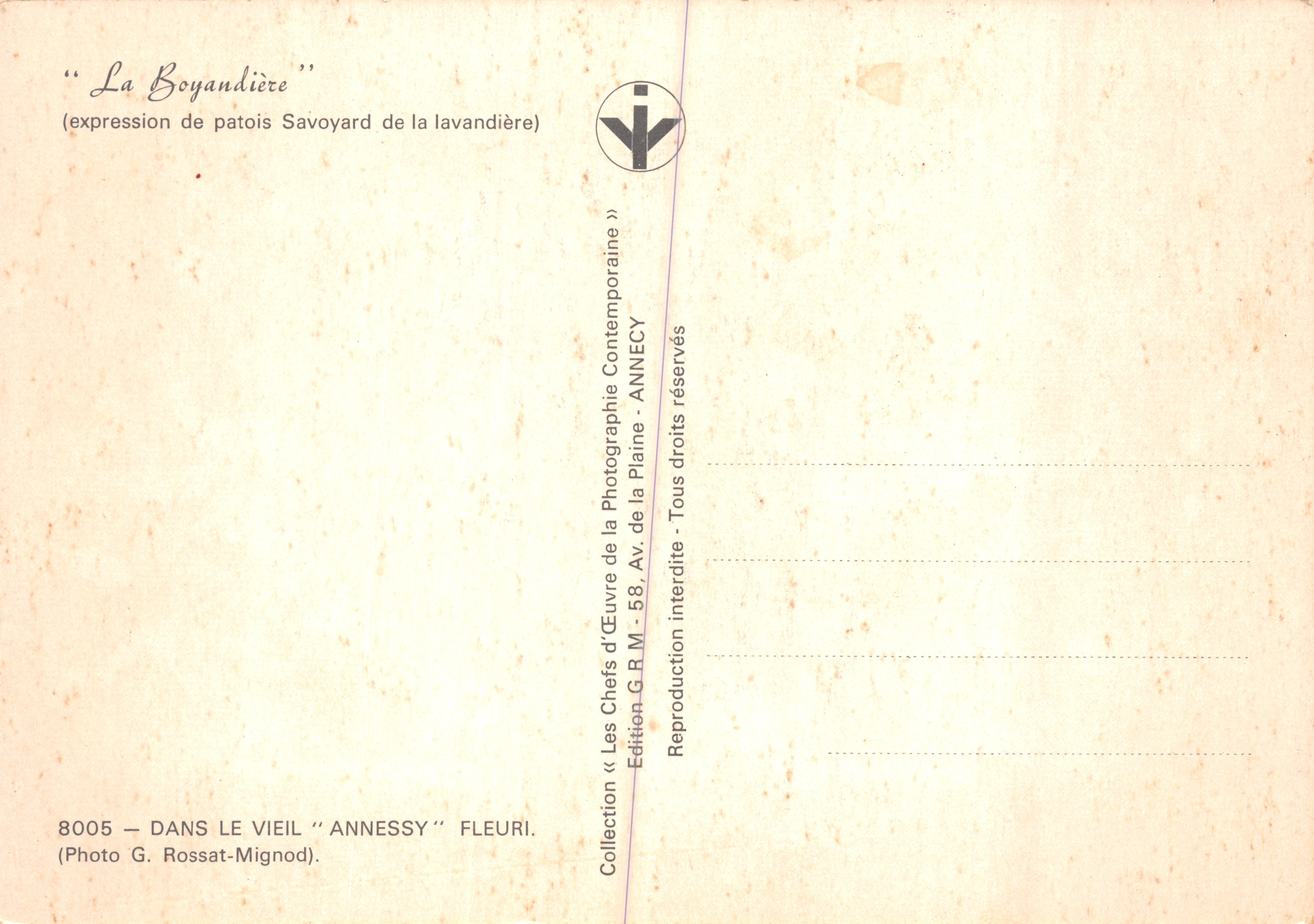 La Boyandière — Una lavandera savoyarda en un canal — Edición G. Rossat-Mignod, n° 8005 — Reverso