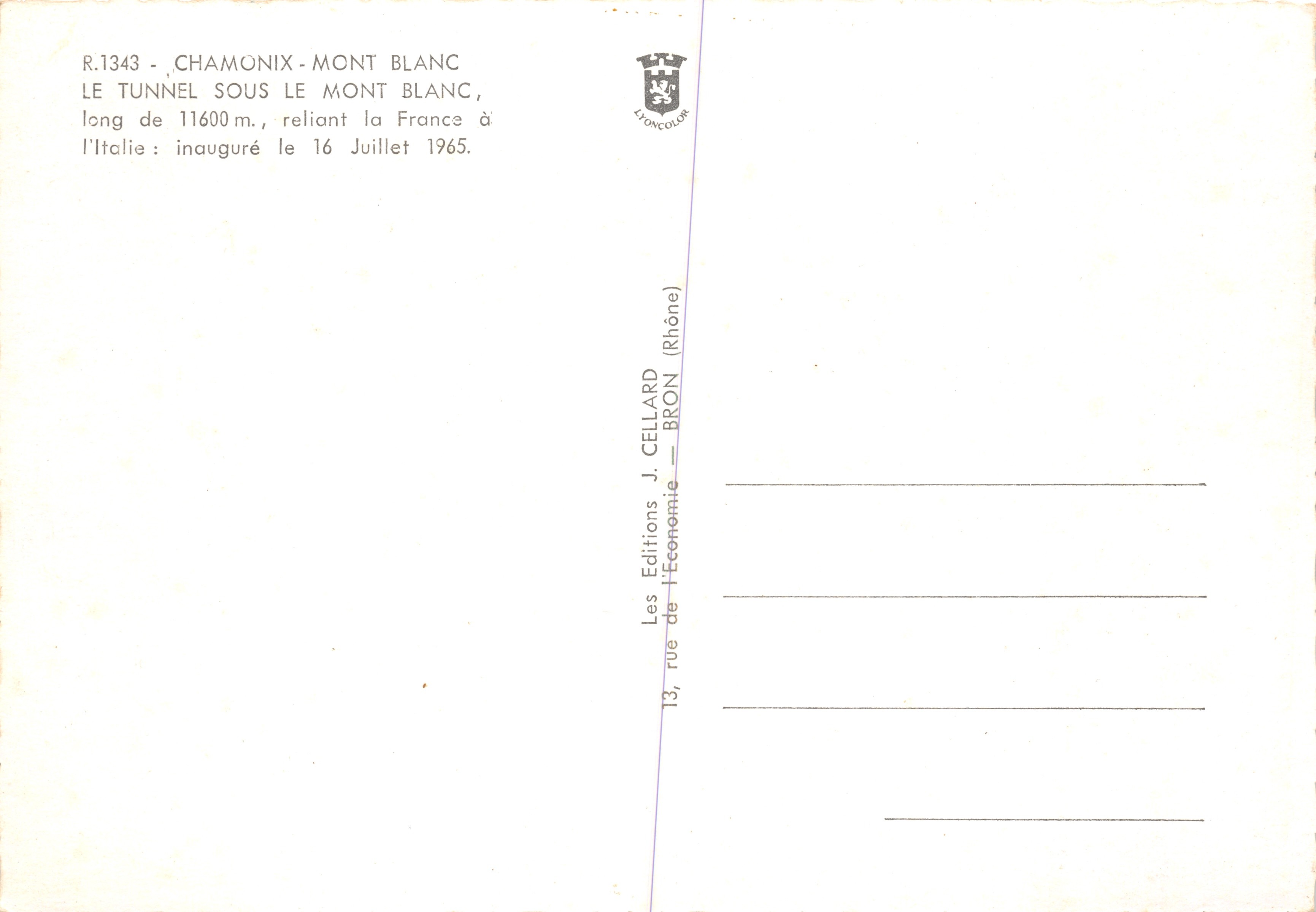 Aiguilles de Chamonix — Tunnel sous le Mont-Blanc — Éditeur J. Cellard — Verso