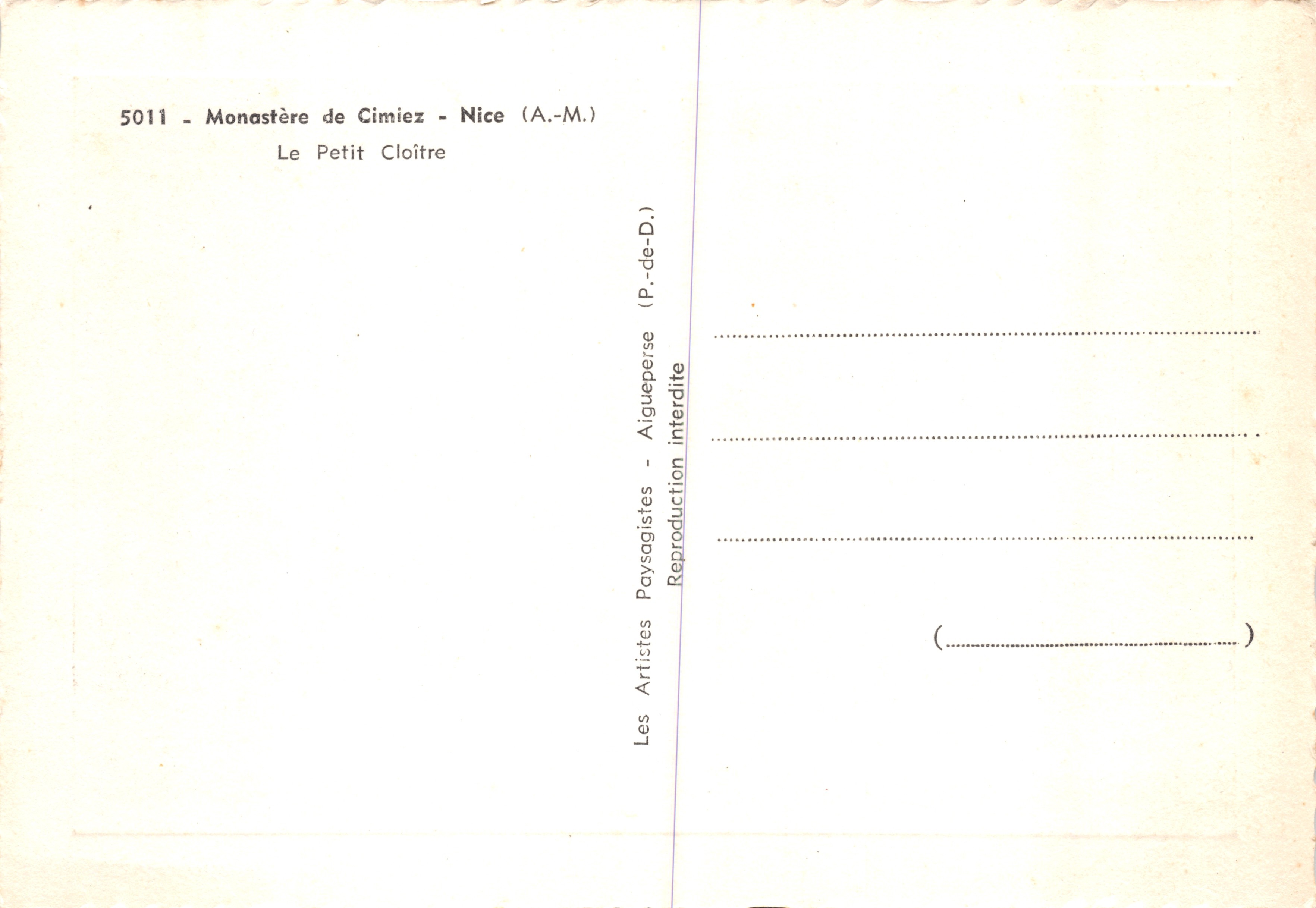 Monastery of Cimiez - Nice — The Little Cloister — Publisher: Les Artistes Paysagistes (A.-M.) — Back