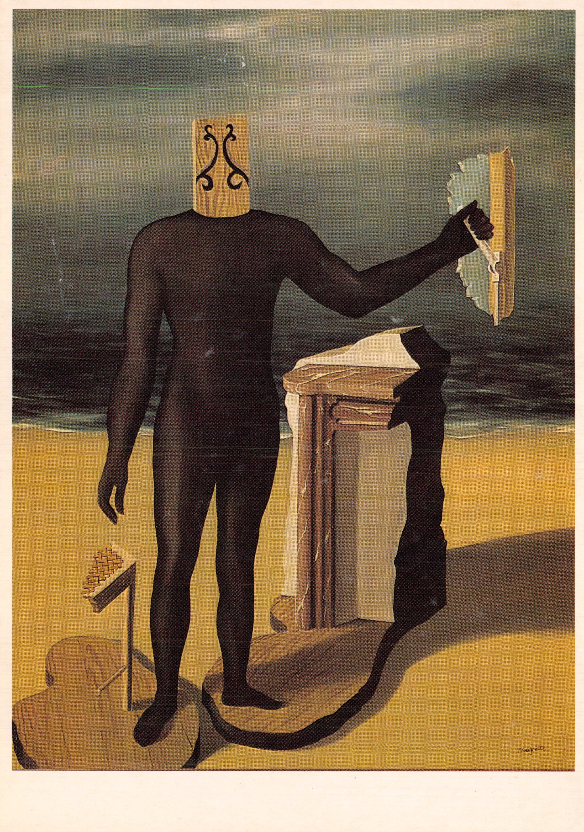 L'uomo lontano — scena di spiaggia con uomo a corpo nero e testa di legno — editore: Musei reali delle Belle Arti del Belgio, Bruxelles