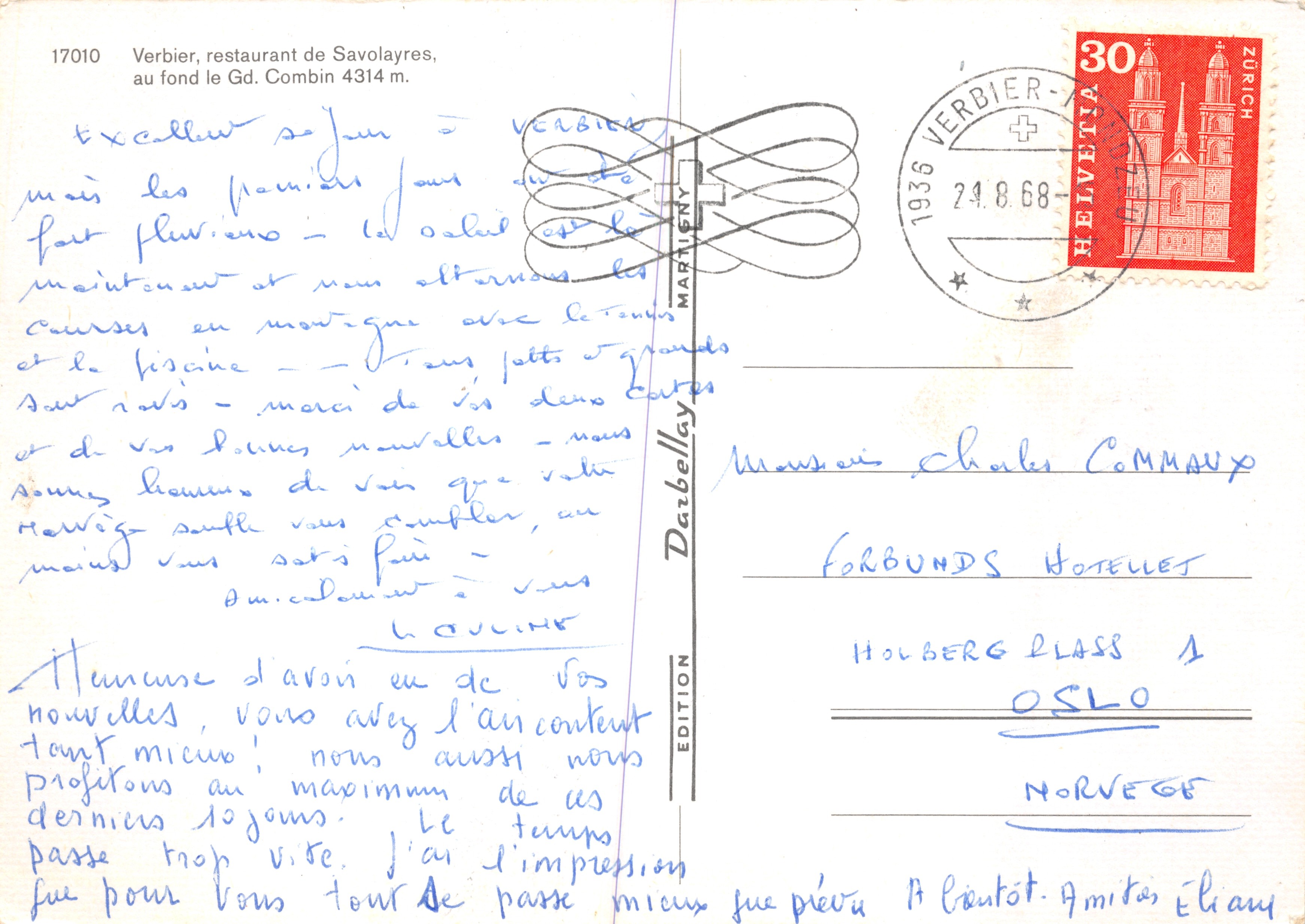 Verbier, restaurant de Savoisyres — au fond le Gd. Combin 4314 m. — Édition Martelly, n° 17010 — Verso