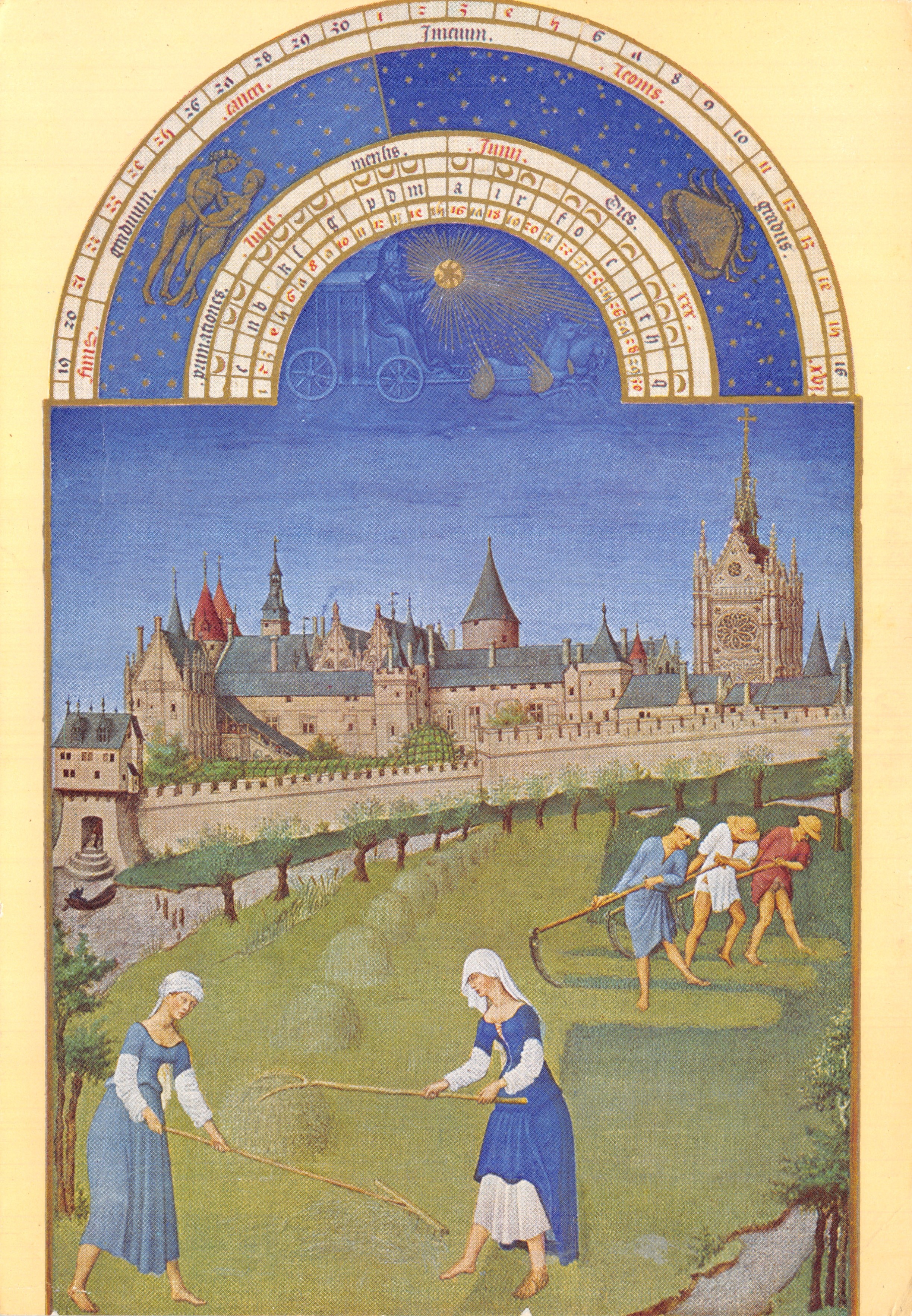 Las trece horas del duque de Berry — la paja. El Palacio y la Santa Capilla — Escuela francesa, siglo XV. Impreso en la tarjeta: LES ÉDITIONS NON LISPARE. N° 6368