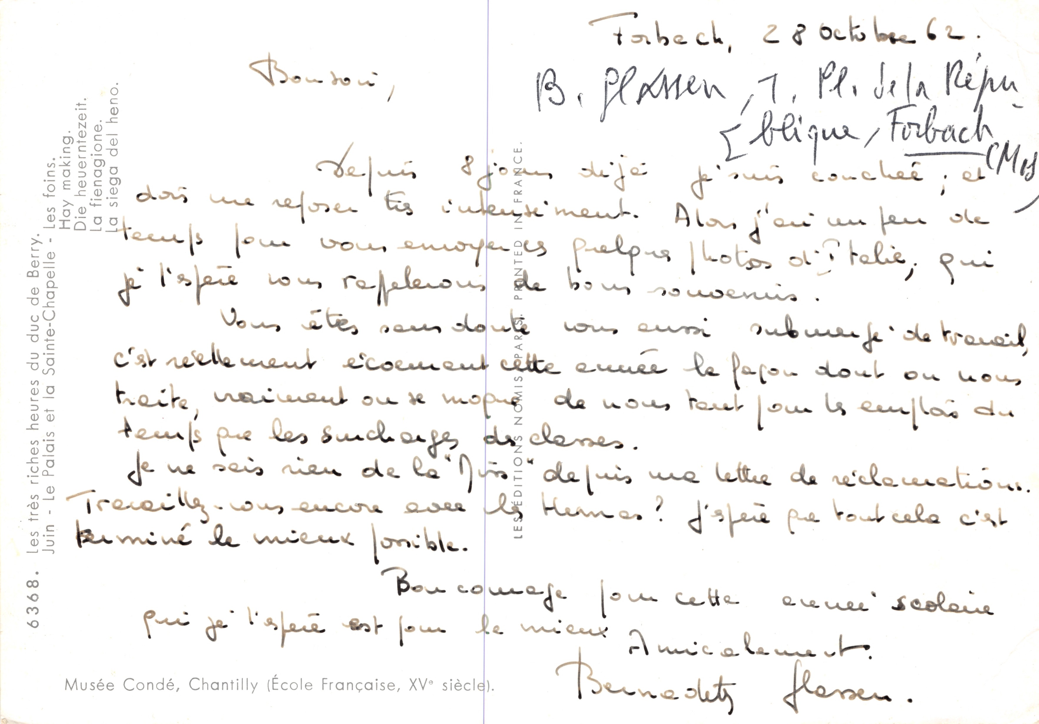 Las trece horas del duque de Berry — la paja. El Palacio y la Santa Capilla — Escuela francesa, siglo XV. Impreso en la tarjeta: LES ÉDITIONS NON LISPARE. N° 6368 — Reverso