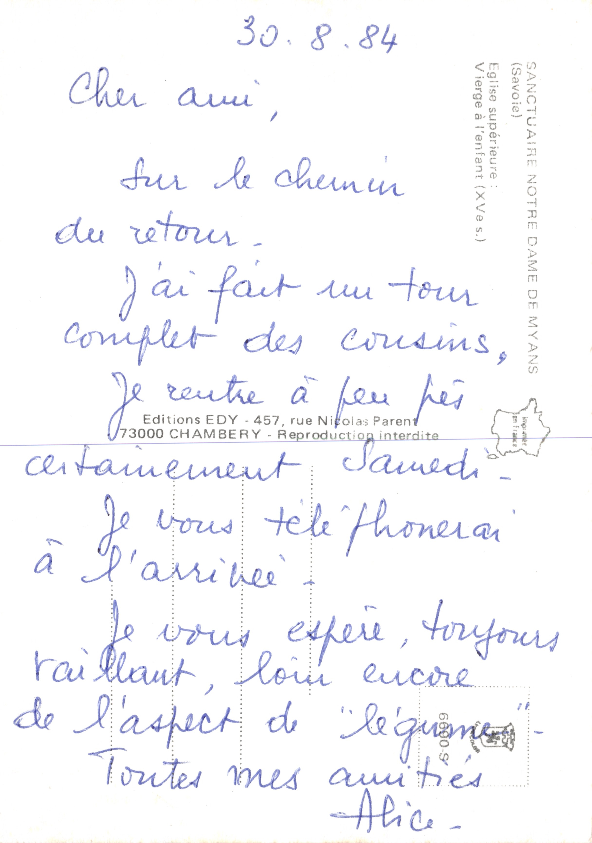 Vergine con Bambino — statua in legno policromo — Santuario di Notre-Dame-de-Myans (Savoie) — Éditions EDY — Verso