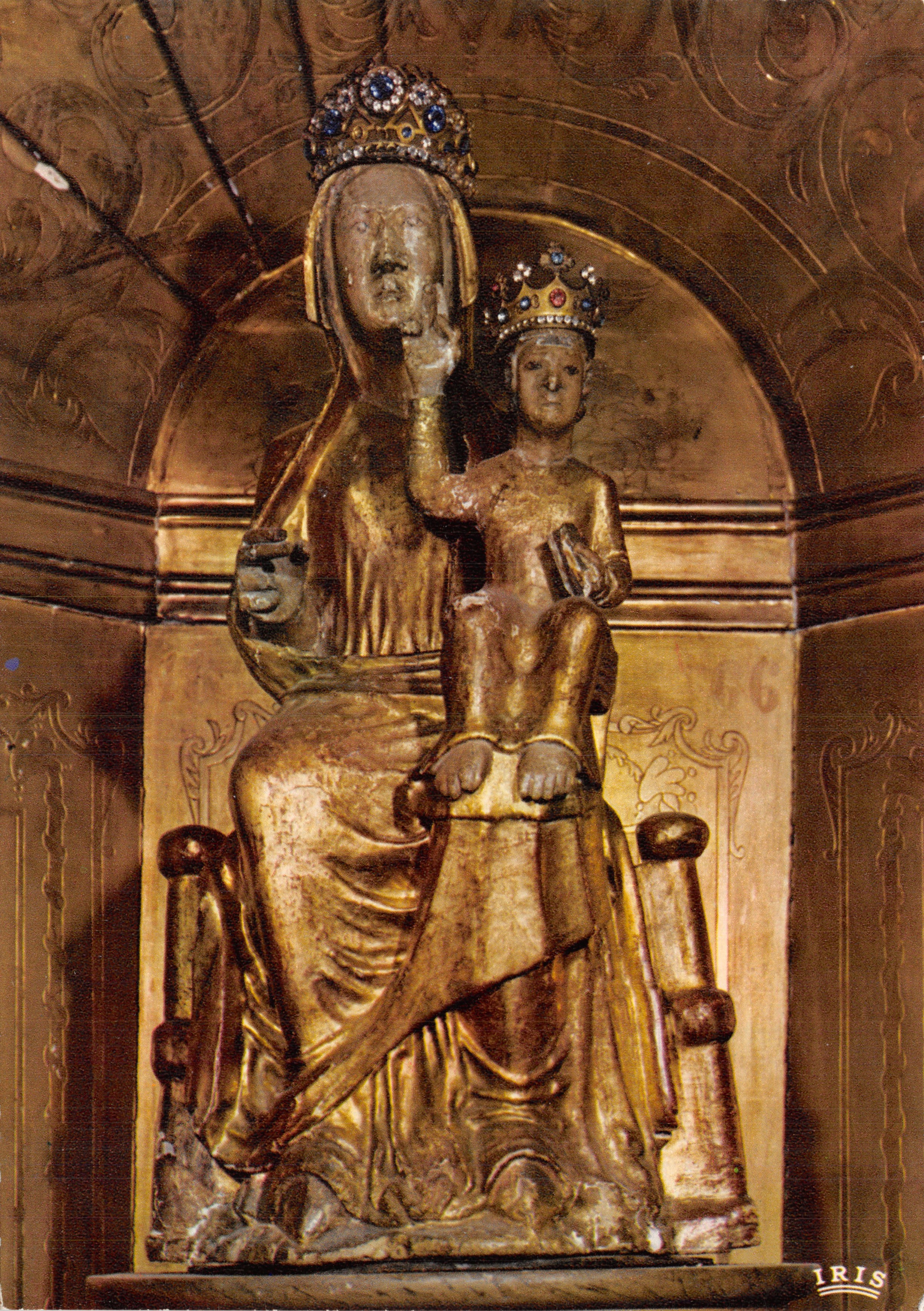 La Vierge de l'Invention — statue dorée assise avec l'Enfant Jésus — éditeur IRIS