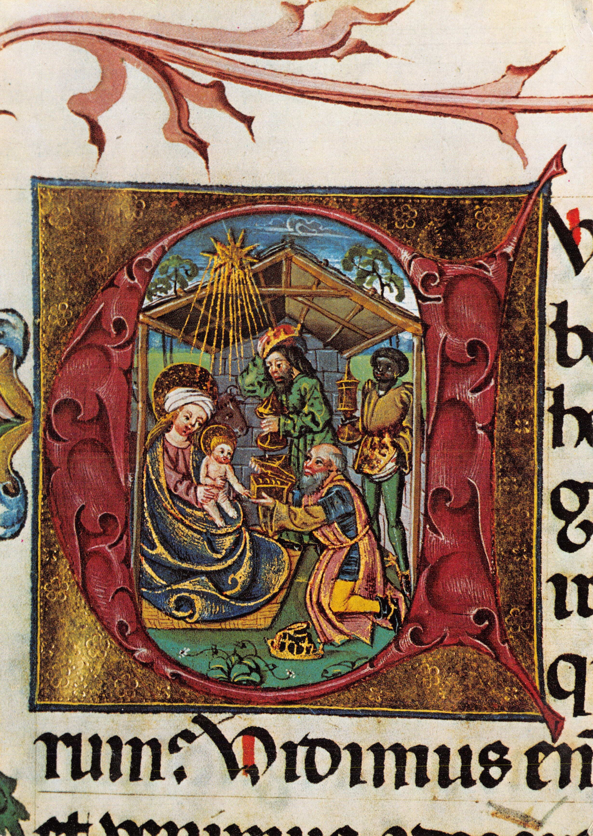 Adoración de los Reyes Magos — inicial del manuscrito Evangelistarium de Neustift, alrededor de 1482 — Editor: Főszékeseházi Könyvtár, Esztergom