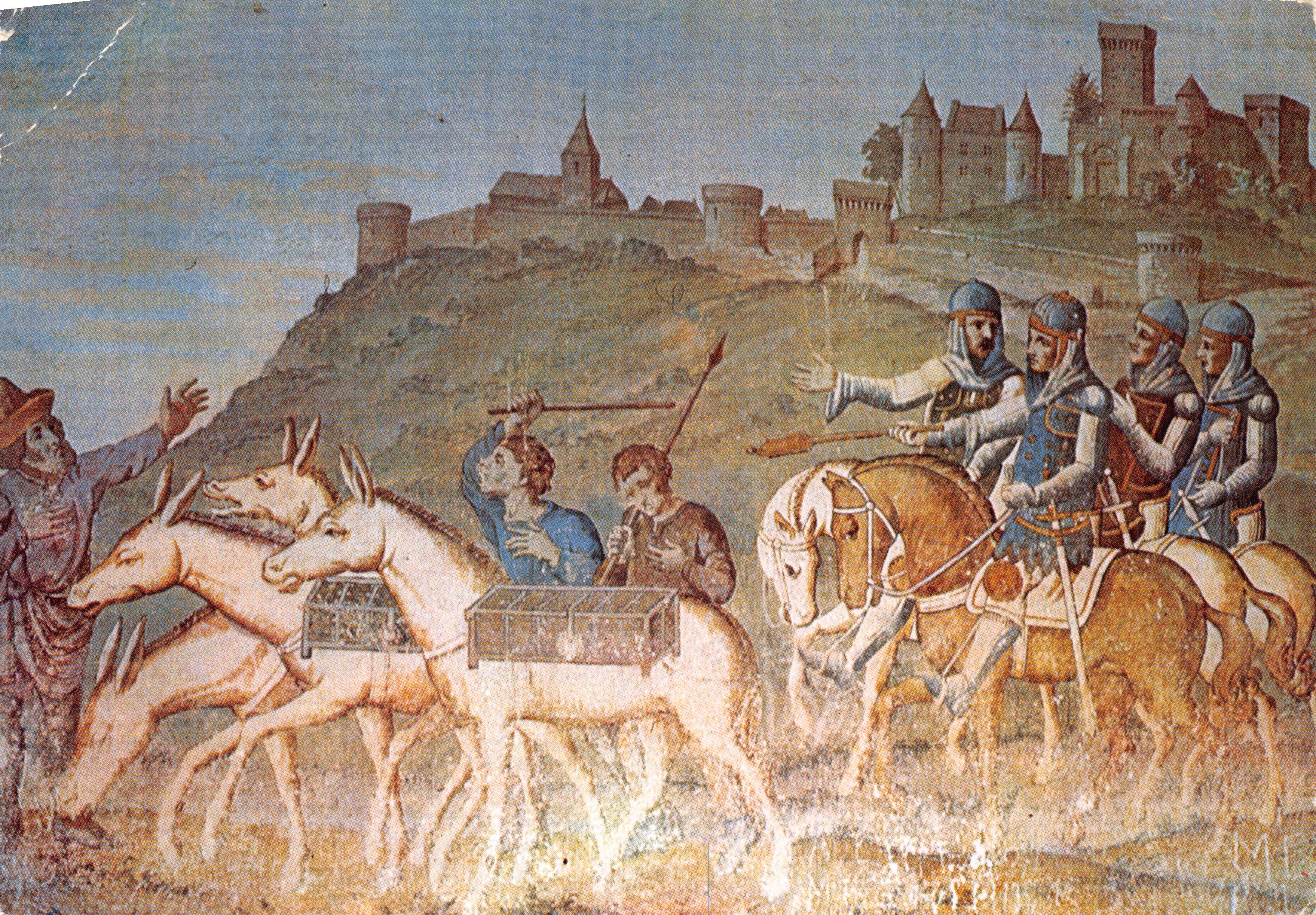 Castello di Brancion — Pittura murale del Signore Josserand de Brancion con i suoi cavalieri che portano « moults » doni ricchi, al Signore Hugues IV de Courtenay, abate nel Monastero di Cluny — Edizione R. TROUHET, Saint-Tropez (Var)