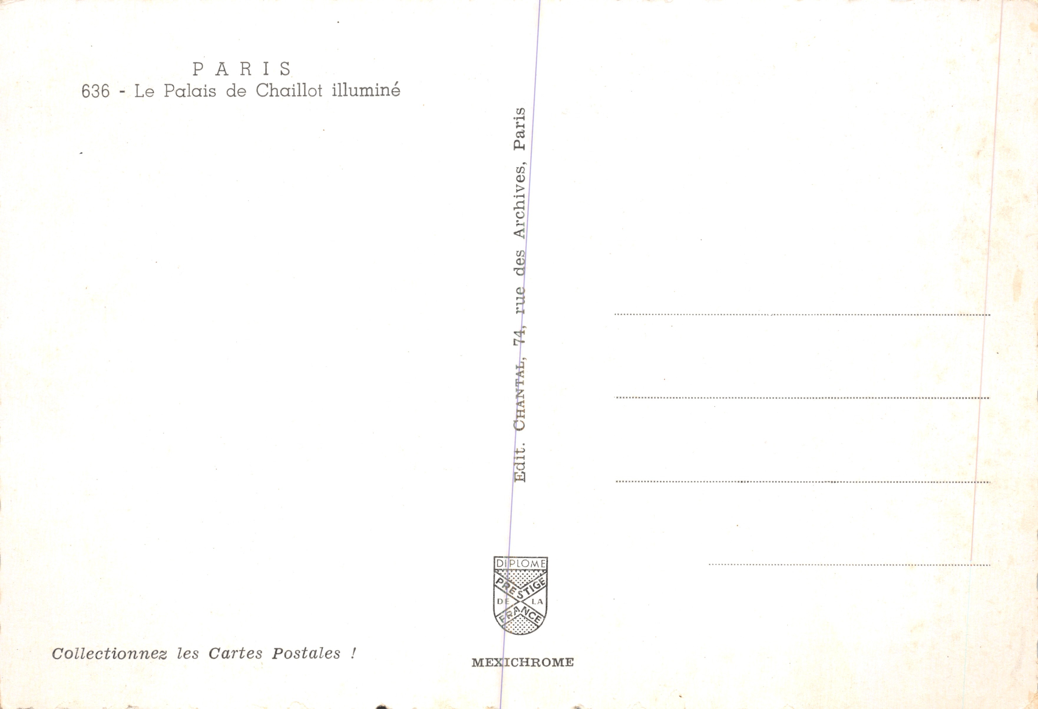 Paris - Le Palais de Chaillot illuminé — éditeur IRIS, n° 636 — Verso