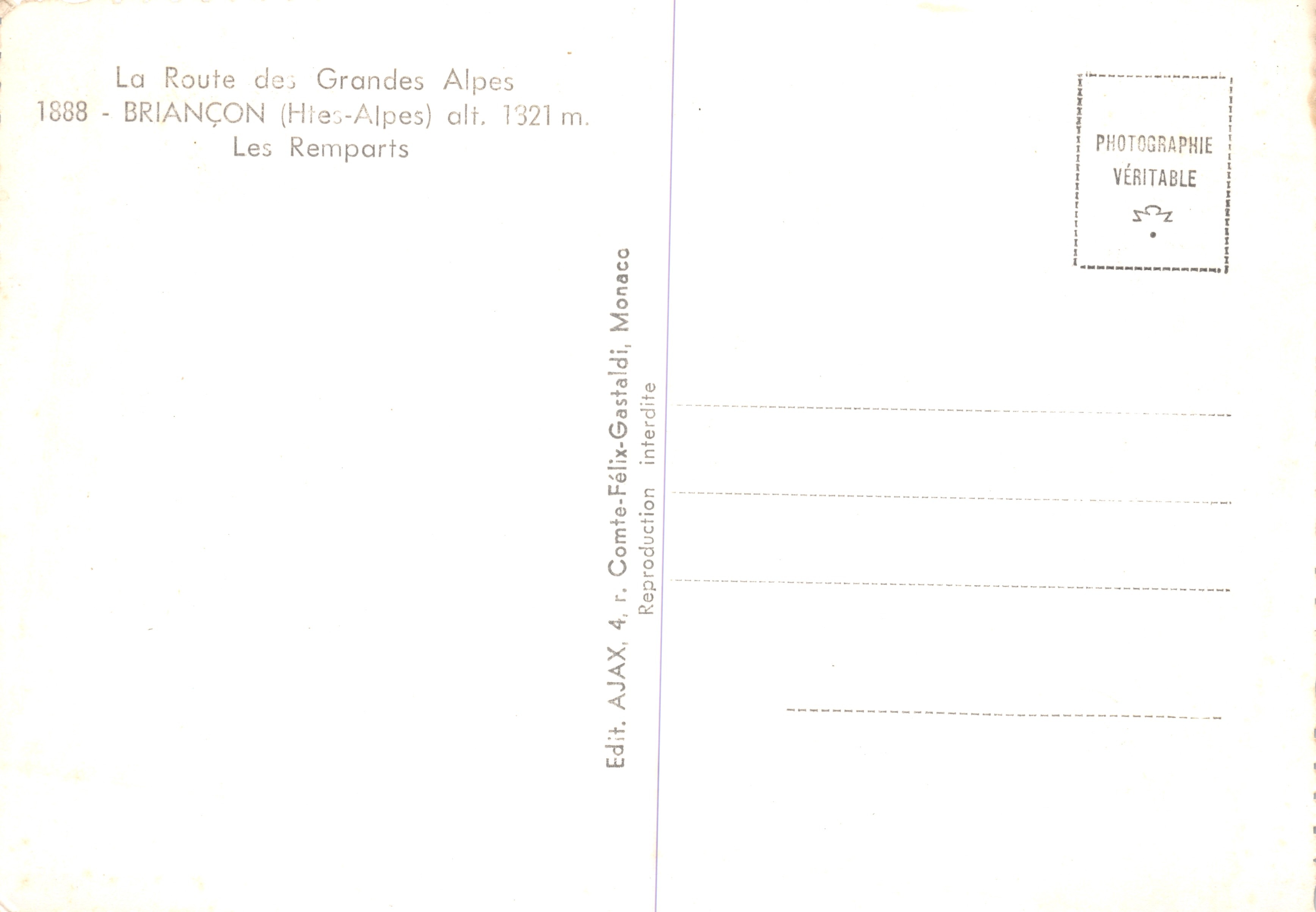 Briançon (Hautes-Alpes) — I Muri — Edit. AJAX, 4, r. Comte-Félix-Gastaldi, Monaco — Verso