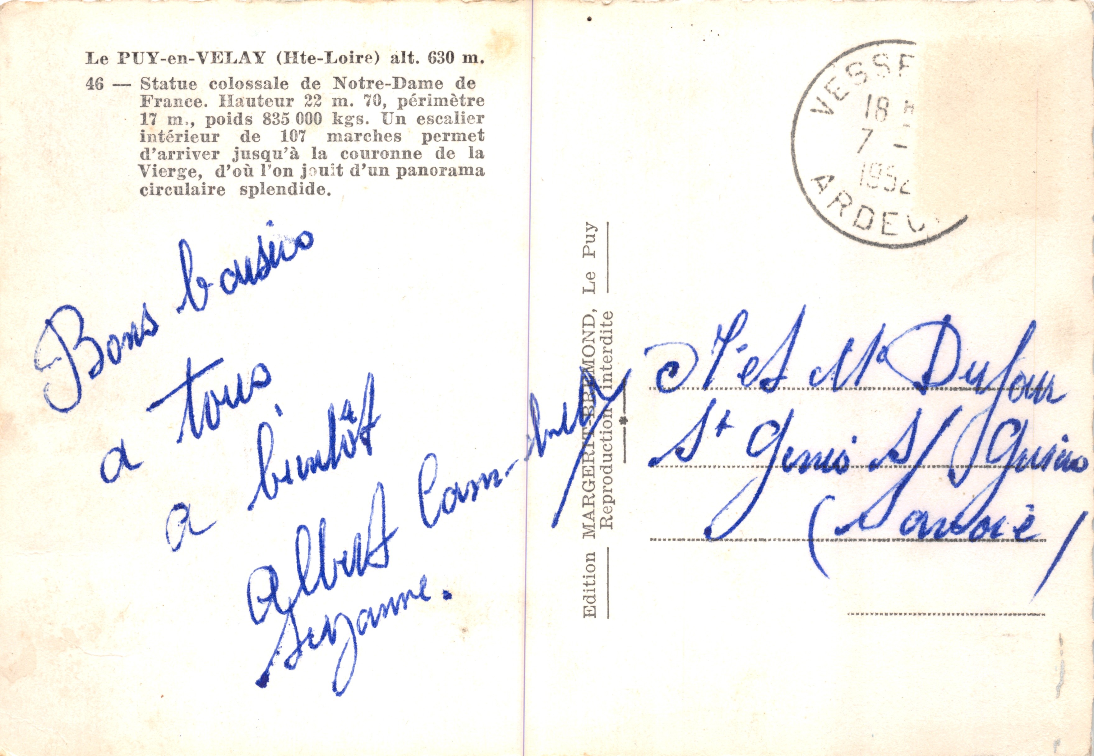 Le Puy-en-Velay — Statua colossale di Notre-Dame de France — Edition MARGERON — Verso