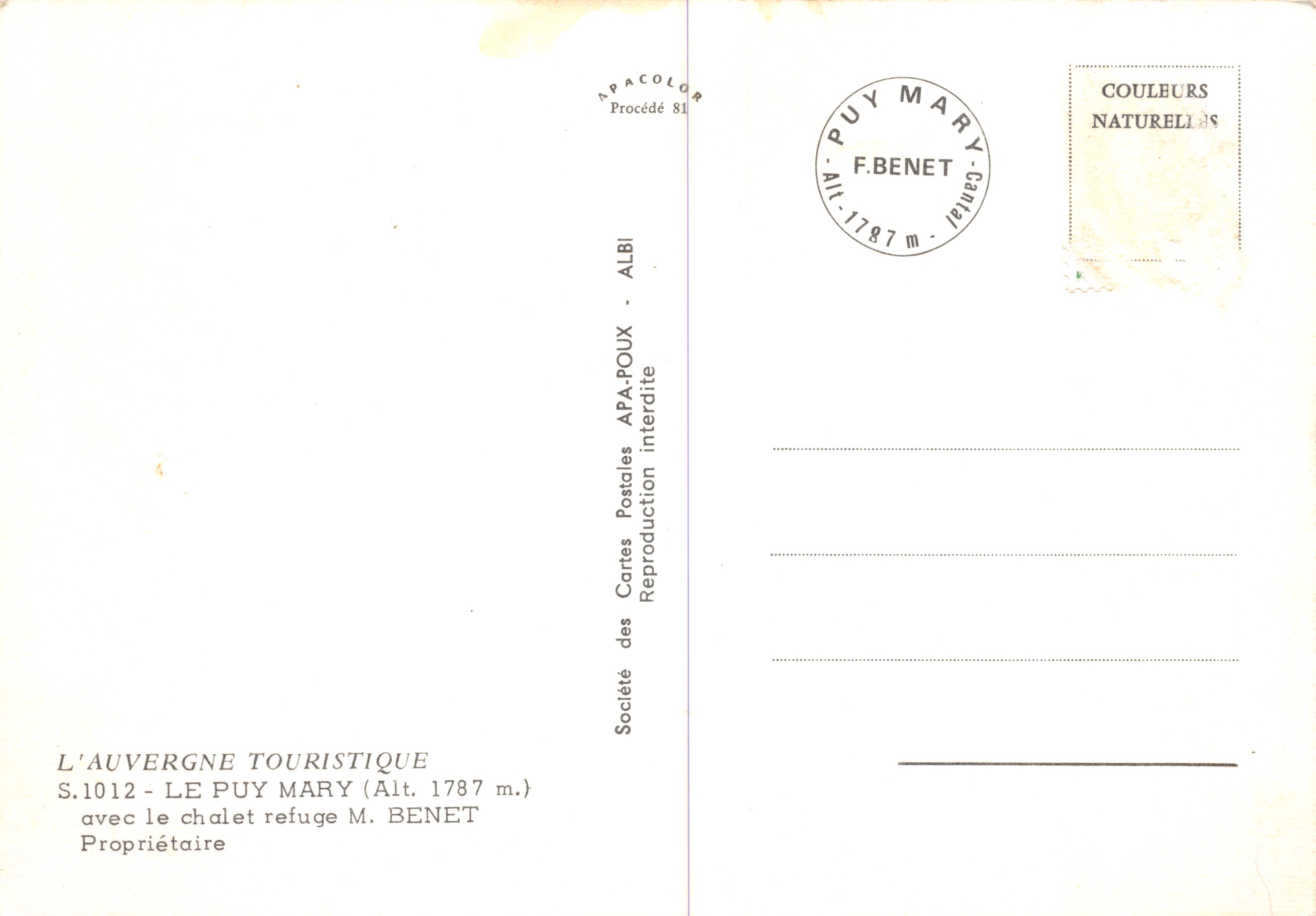 Le Puy Mary — vista panorámica y refugio — editor Société des Cartes Postales APA-POUX — Reverso