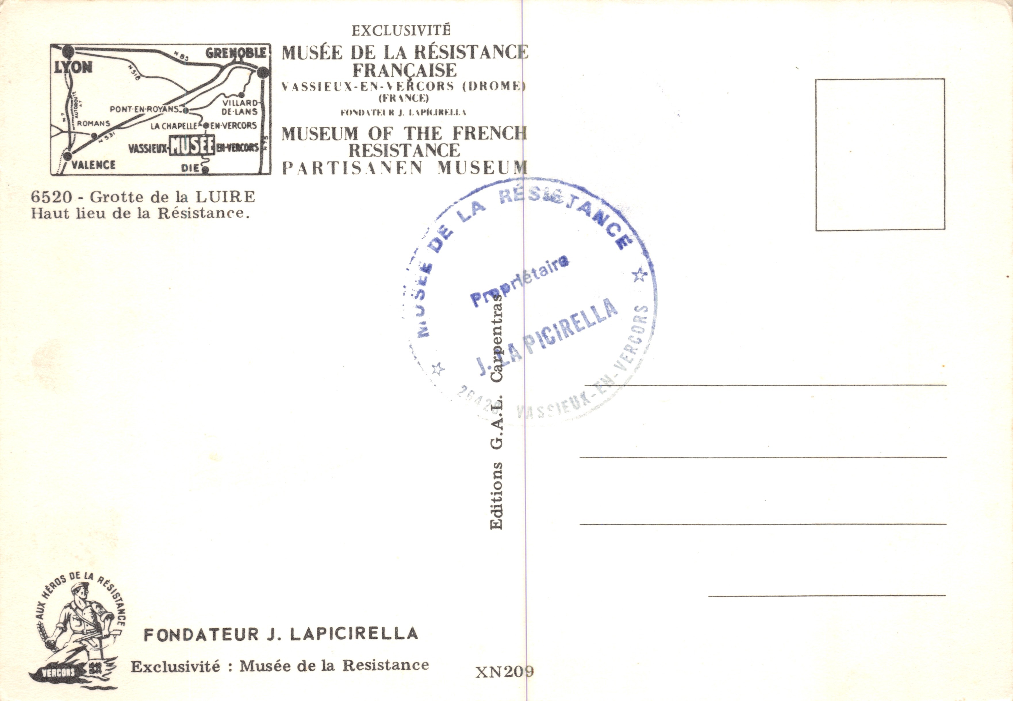 Grotte de la Luire — site historique — Éditions J. Lapicirella, n° XN209 — Verso