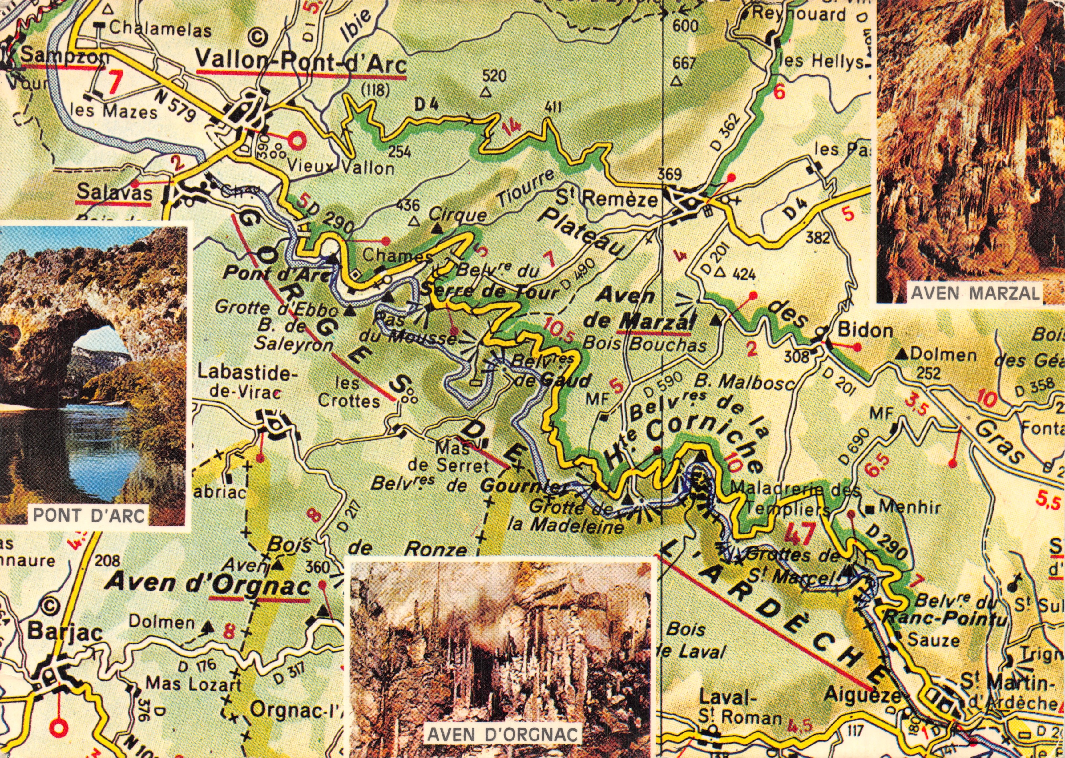 Gorges dell'Ardèche — mappa turistica con illustrazioni di grotte e ponti — editore CAP THEOJAC