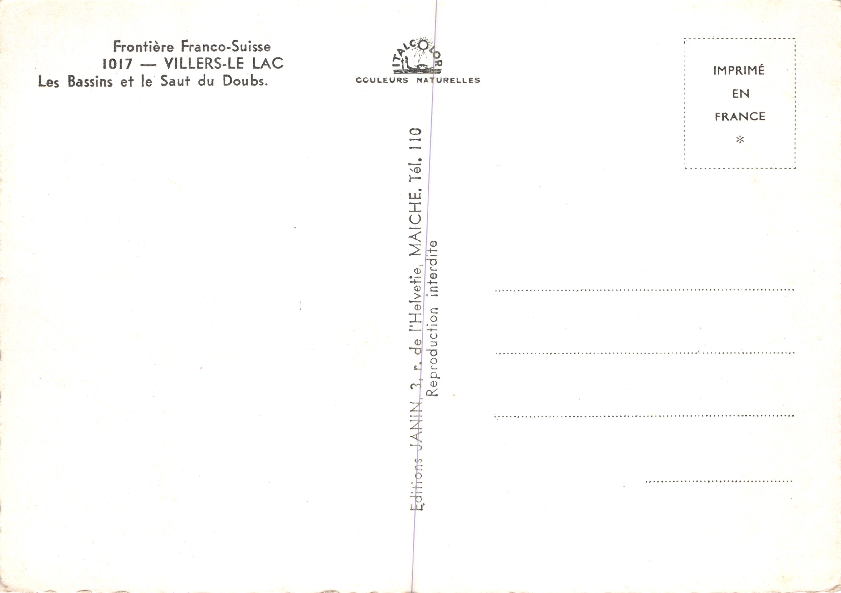 Le saut du Doubs — cascade et paysages — Éditions JANIN, 1017 — Reverso