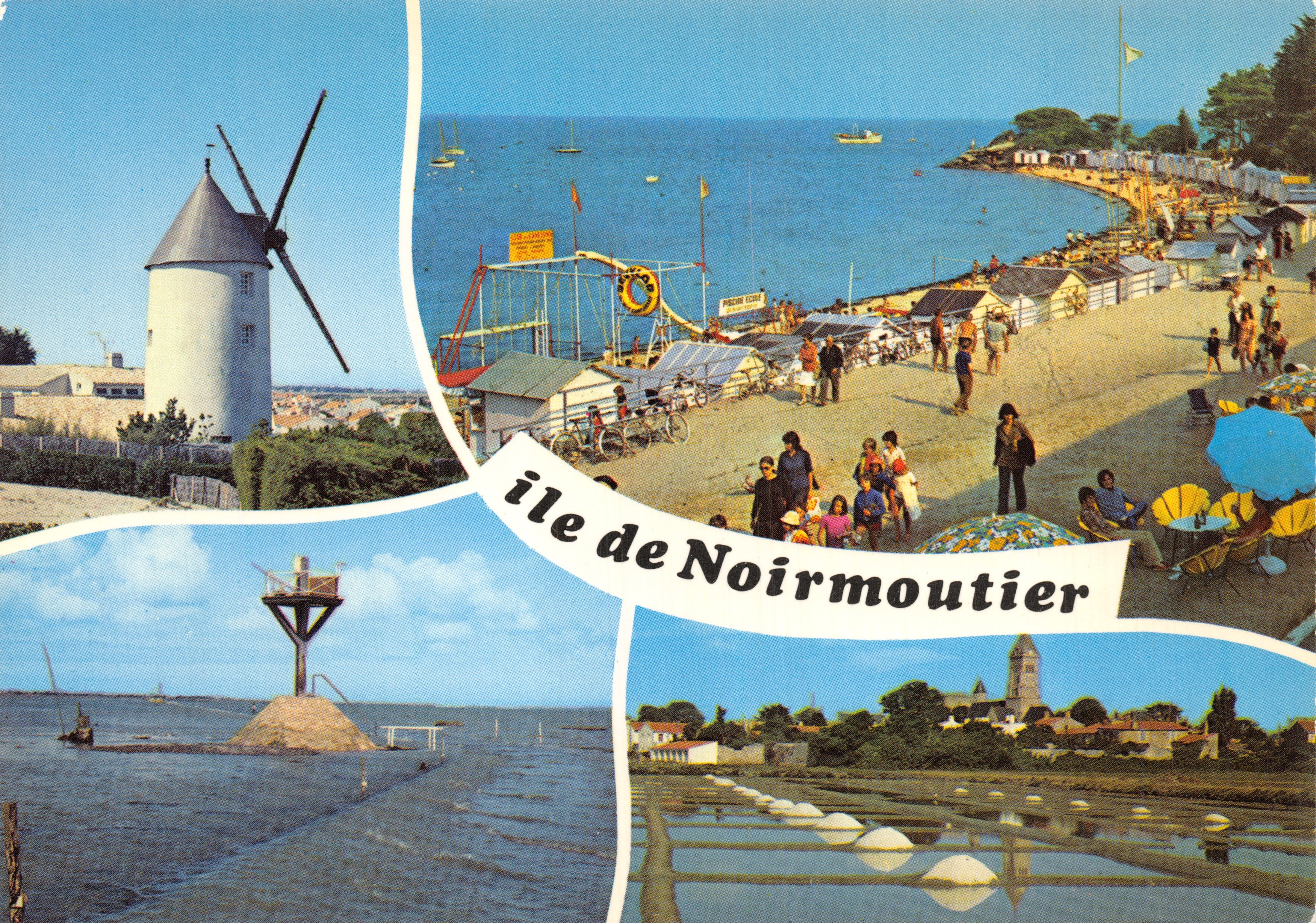 Isola di Noirmoutier — vista panoramica con mulino a vento, spiaggia e saline — editore LA VENDEE TOURISTIQUE