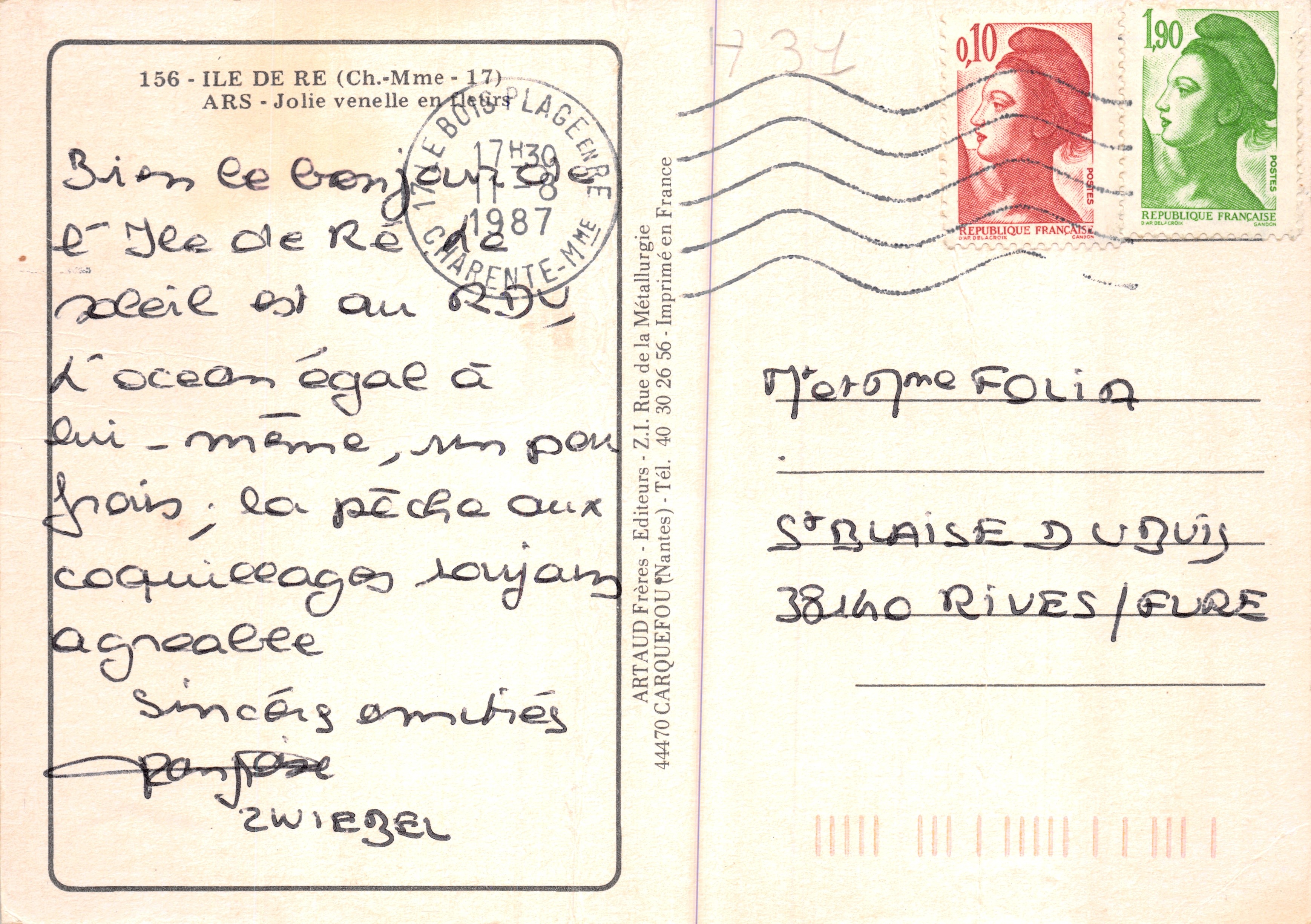 Calle empedrada bordeada de hortensias — Isla de Ré — editor ARTAUD Frères — Reverso