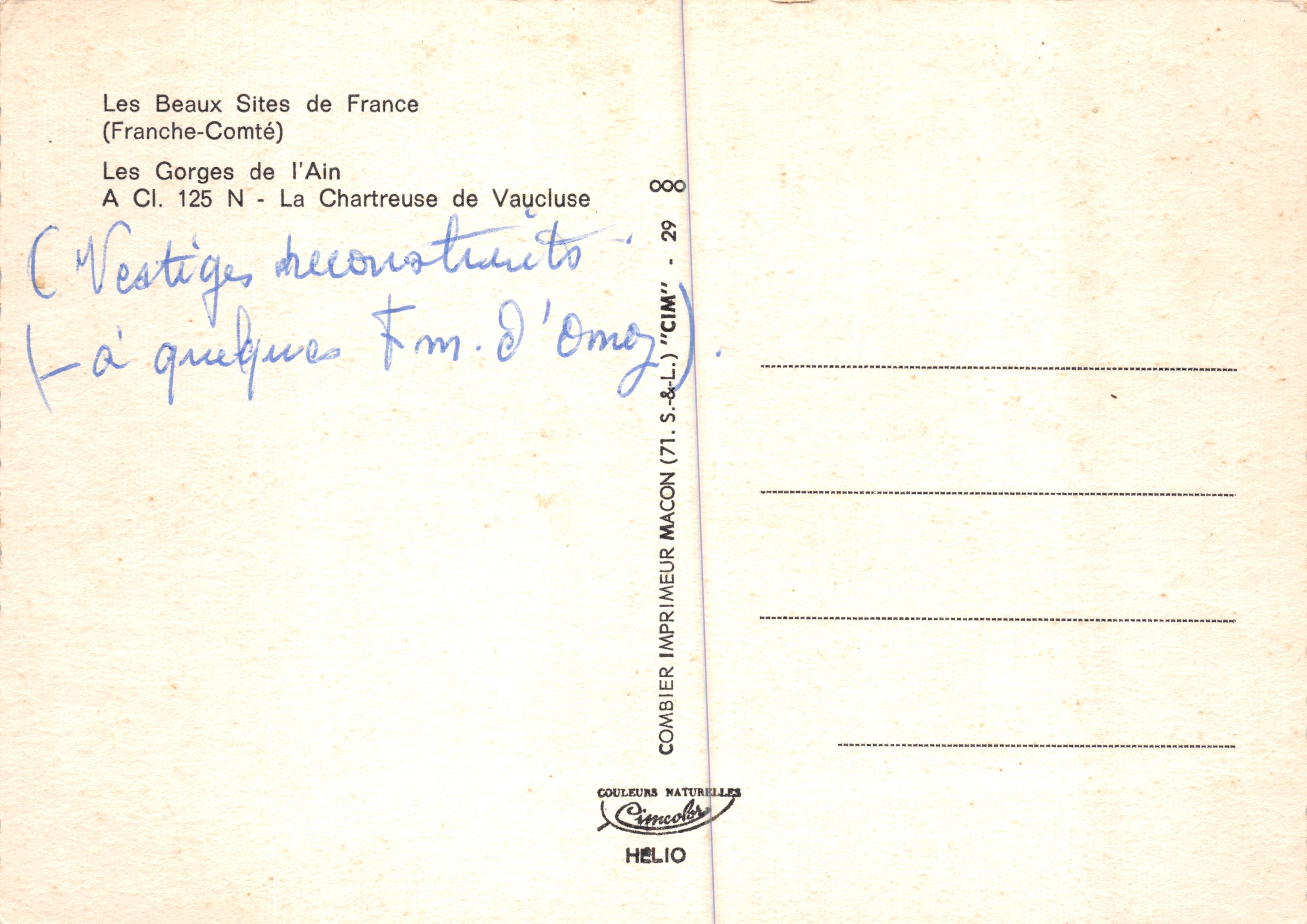 The Gorges of the Ain — Remains of the Charterhouse of Vaucluse — Publisher Combier Imprimeur Macon — Back