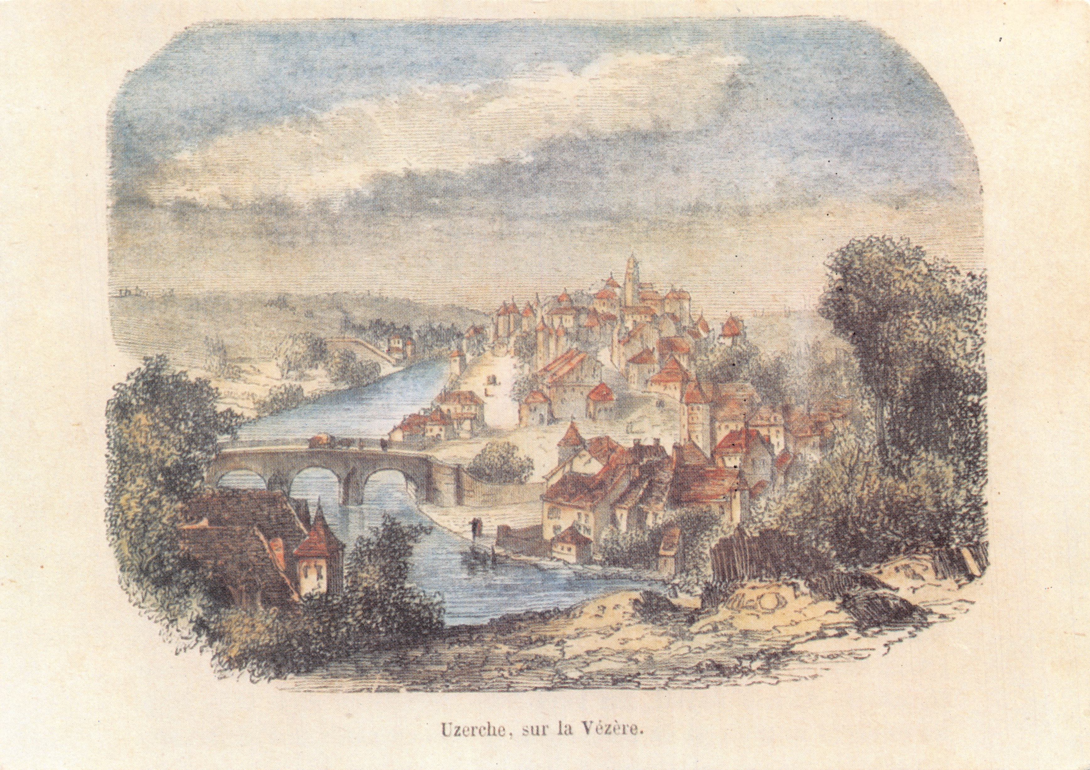 Uzerche, sur la Vézère — vue du village et du pont — gravure ancienne éditée par THÉOJAC