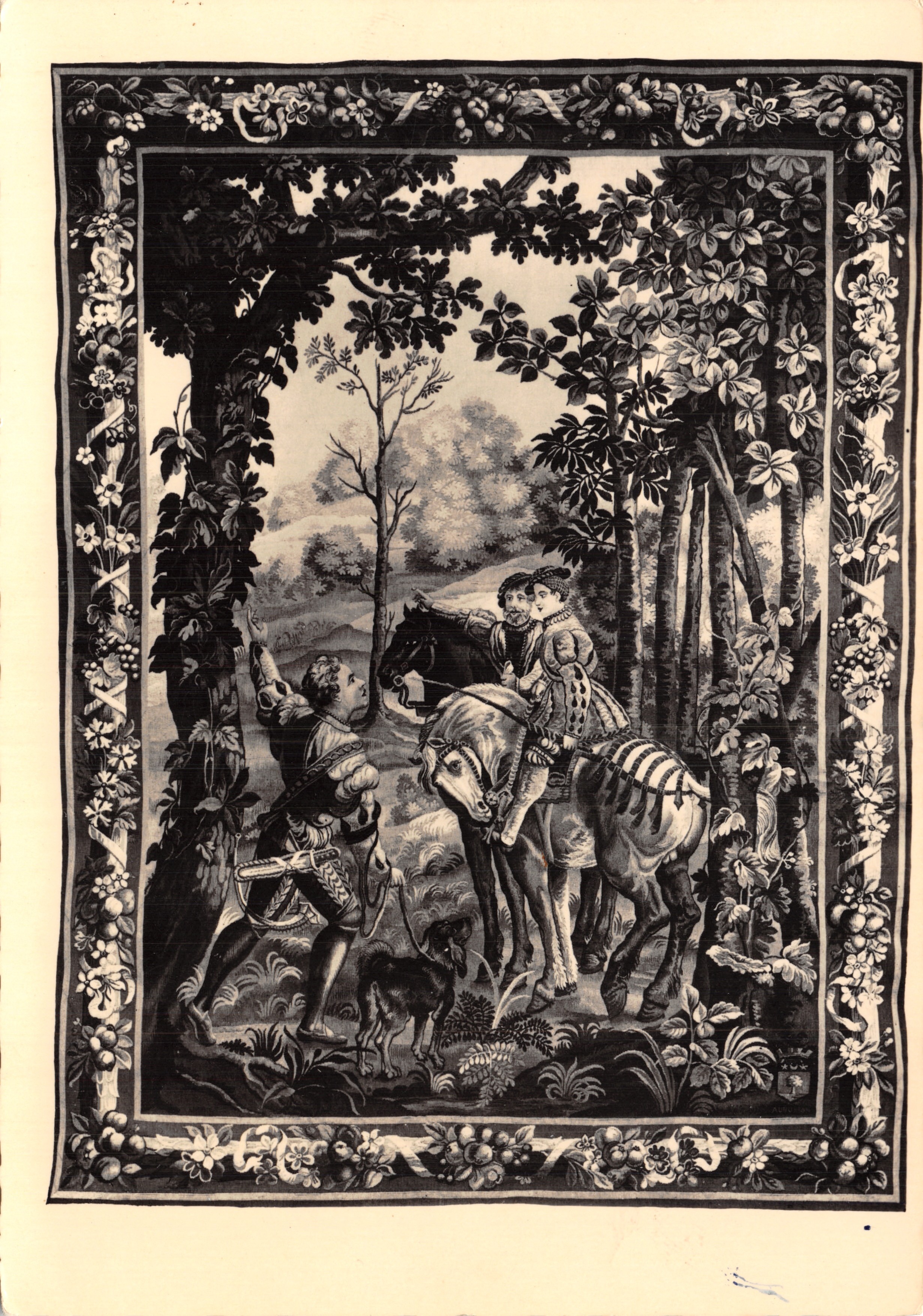 Caza de la Renacimiento — escena de caza en el bosque — editor Ateliers Léon Andraud en Aubusson