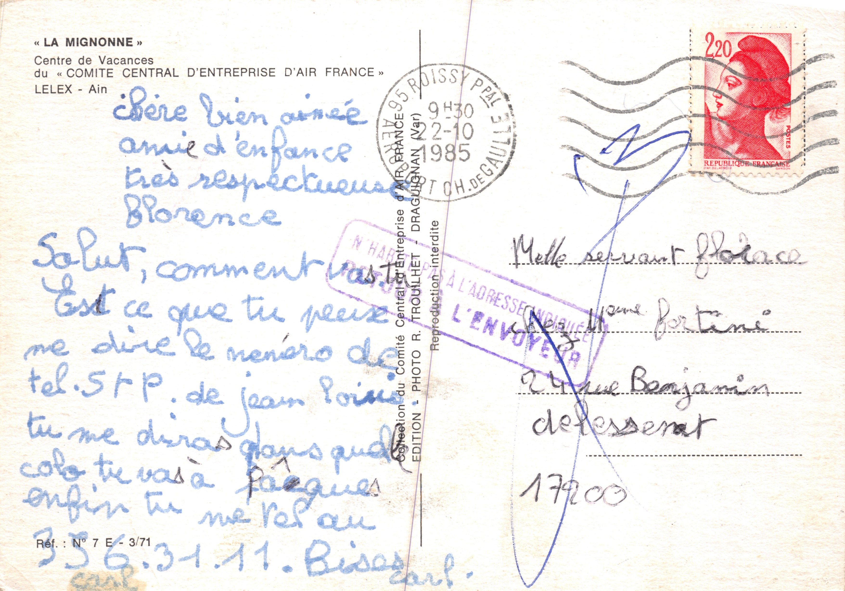 Hotel La Mignonne — vakantiecentrum van het Centraal Comité van Air France — uitgever PHOTO R. TROUILLHET DRAGUIGNAN (N° 7 E-3/71) — Achterkant