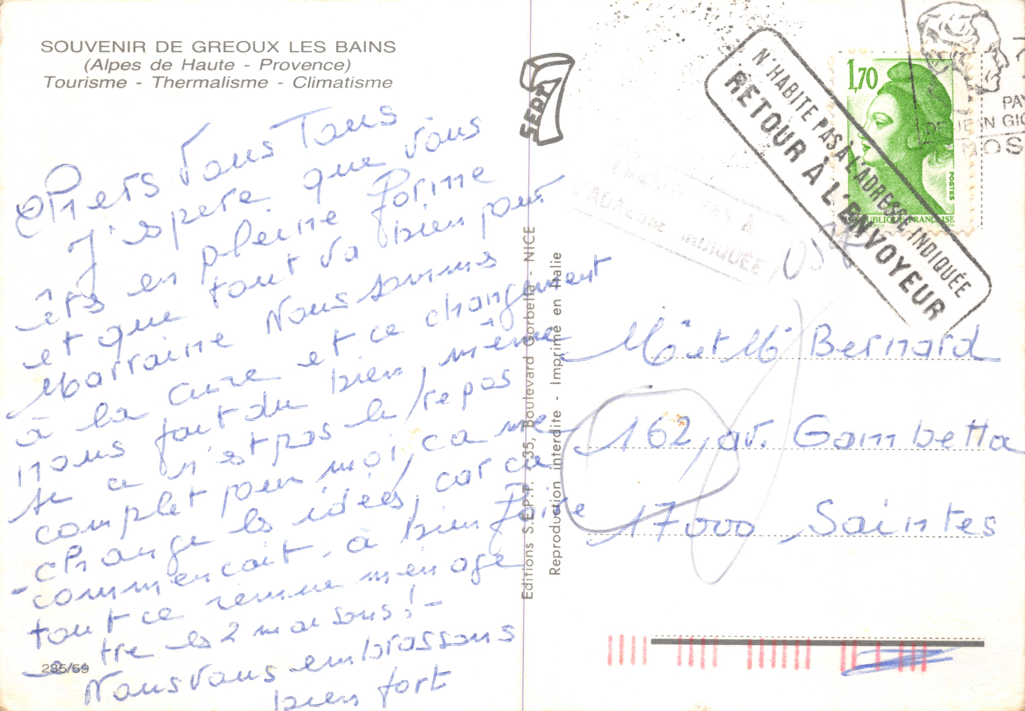 Gréoux-les-Bains — thermal station on the Verdon — Éditions S.E.P.T. - 285/69 — Back