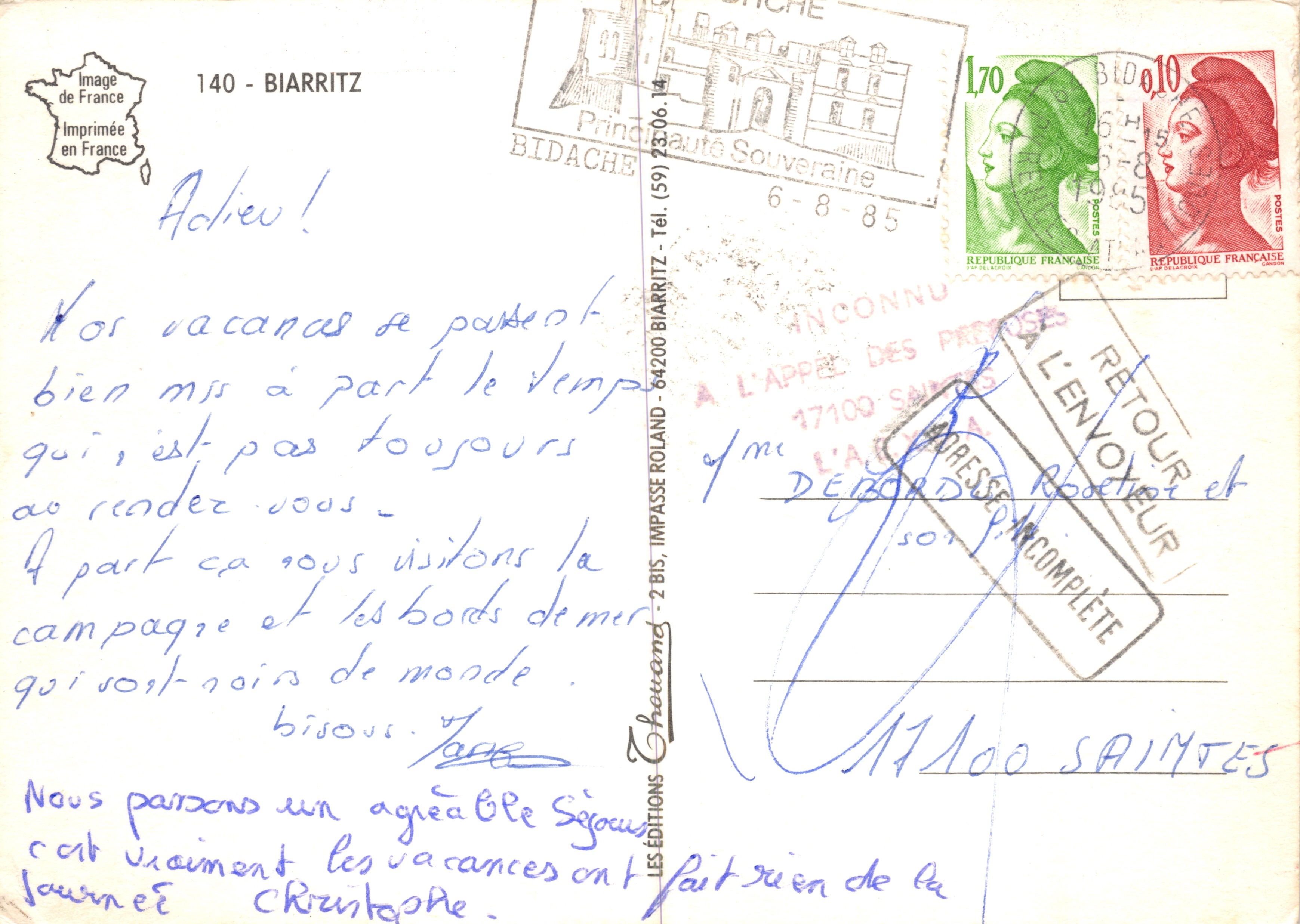 Biarritz — Rocher de la Vierge, Port des Pêcheurs, Plage, Phare — Éditions Thouand — Verso