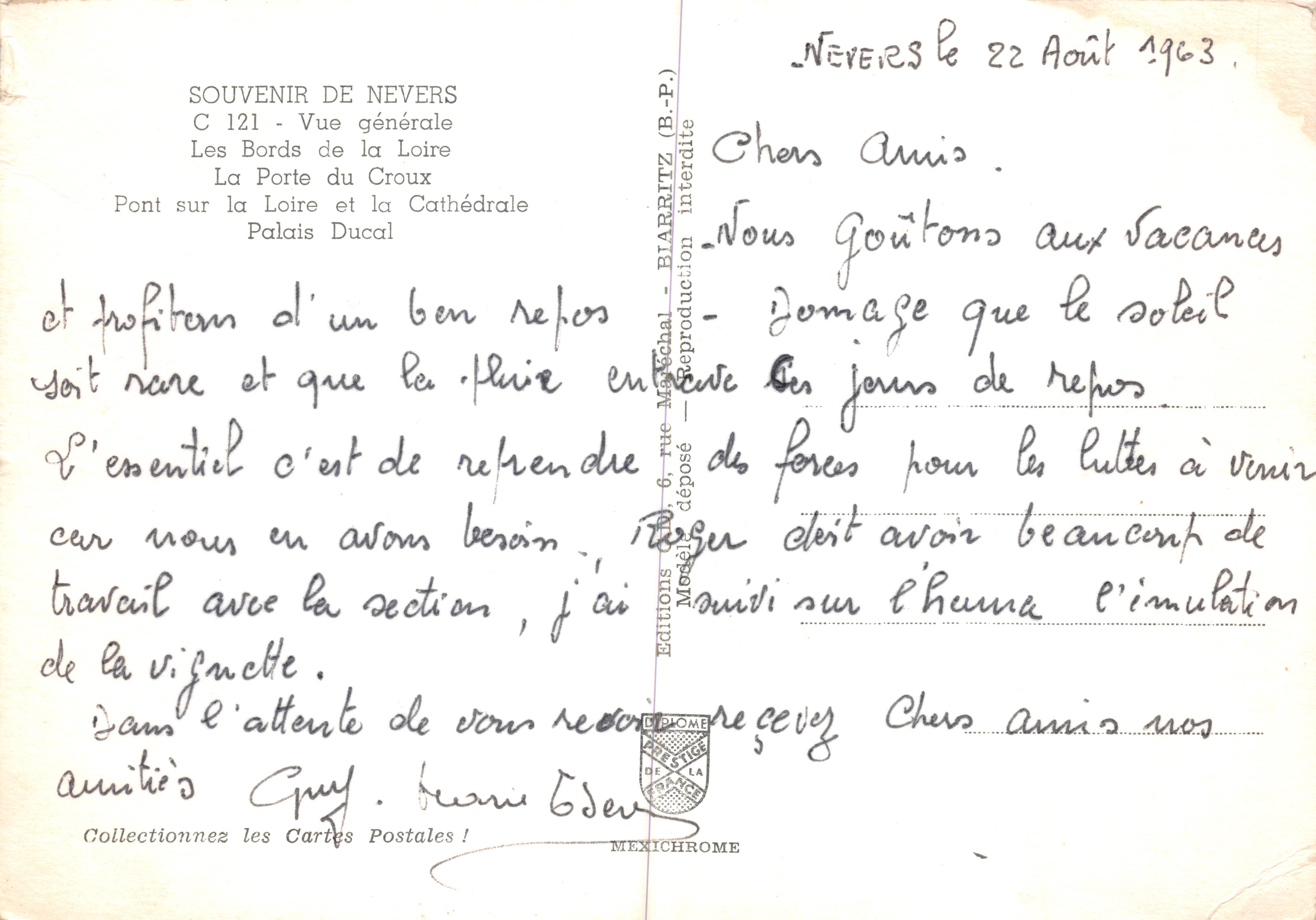 Nevers — vista general con puente, castillo, puertas y orilla del río Loira — editor IRIS — Reverso