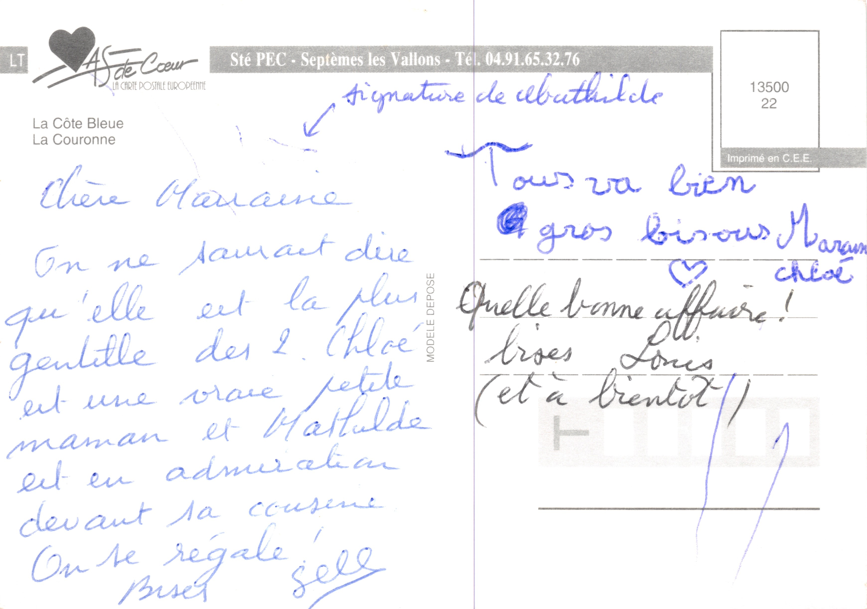 La Côte Bleue — vue de plage encadrée par des pins — éditeur Sté PEC, Septèmes les Vallons — Reverso