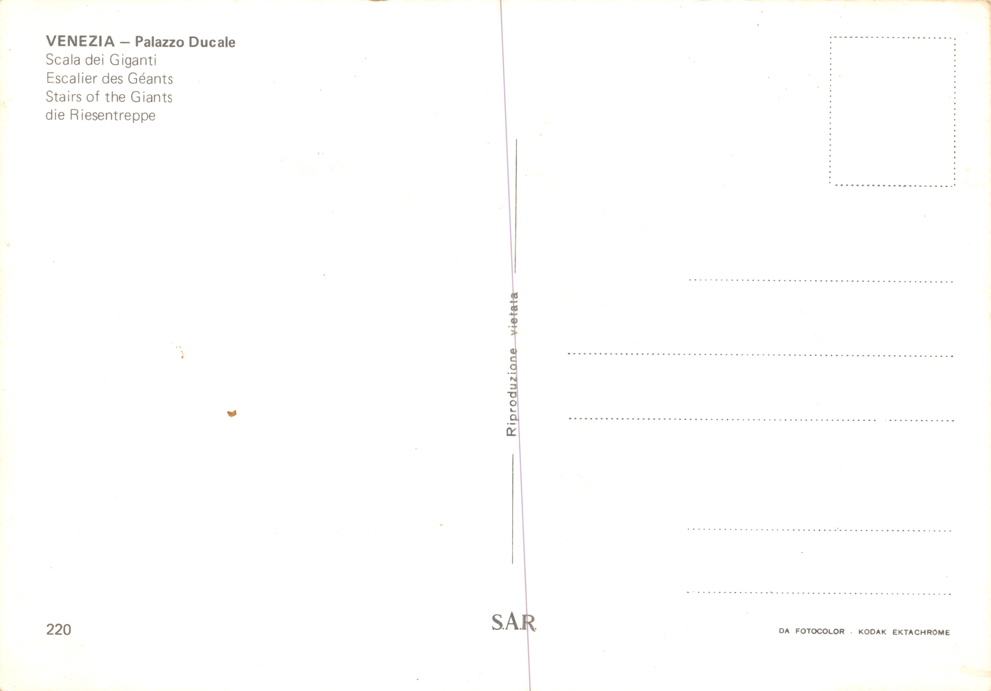 Venecia — Palazzo Ducale — Scala dei Giganti — editor SAR, n.º 220 — Reverso