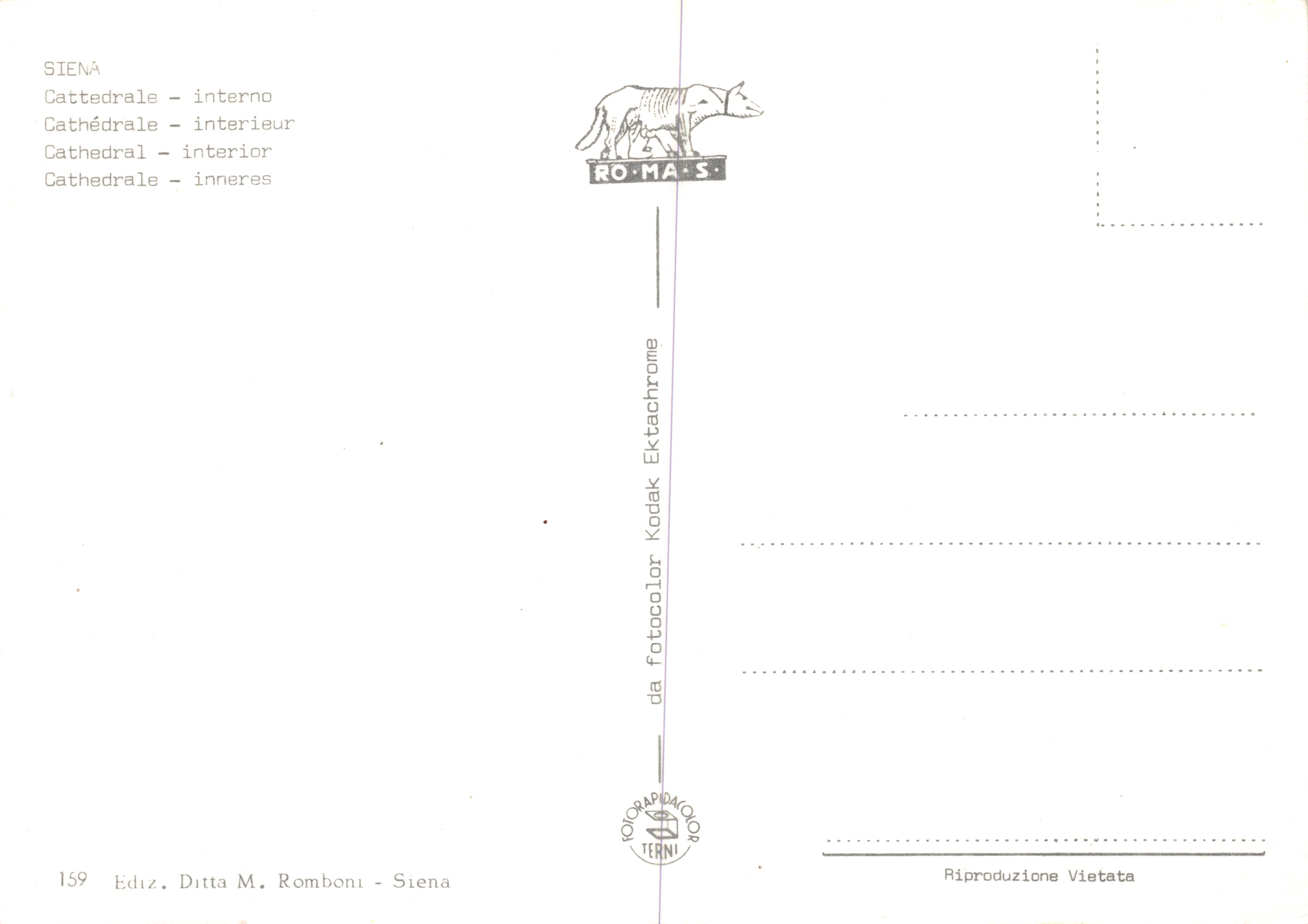 Sienne — Intérieur de la cathédrale — Éditeur Ditta M. Romboni, Sienne, n° 159 — Back