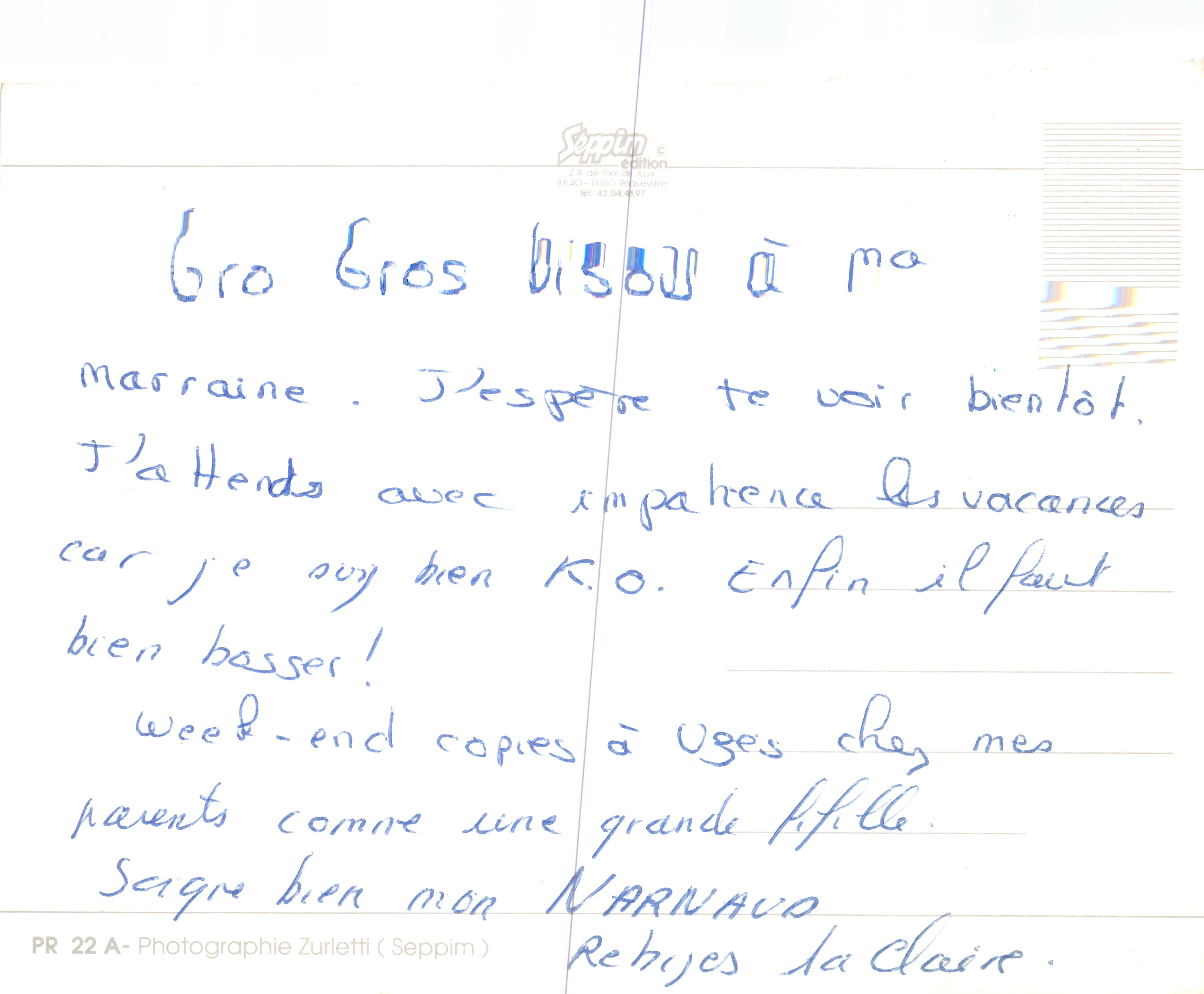 Bambina in abito rosa — davanti a una porta blu — La Provence, edizione Seppim, n. 42.04.4037 — Verso
