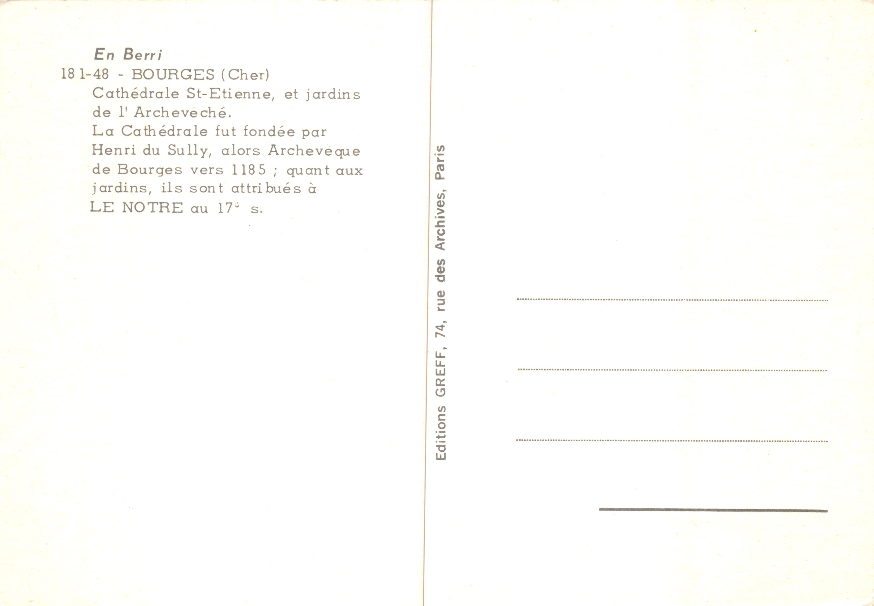 Bourges — Kerk Saint-Étienne en tuinen — Editions GREFF, Paris — Achterkant