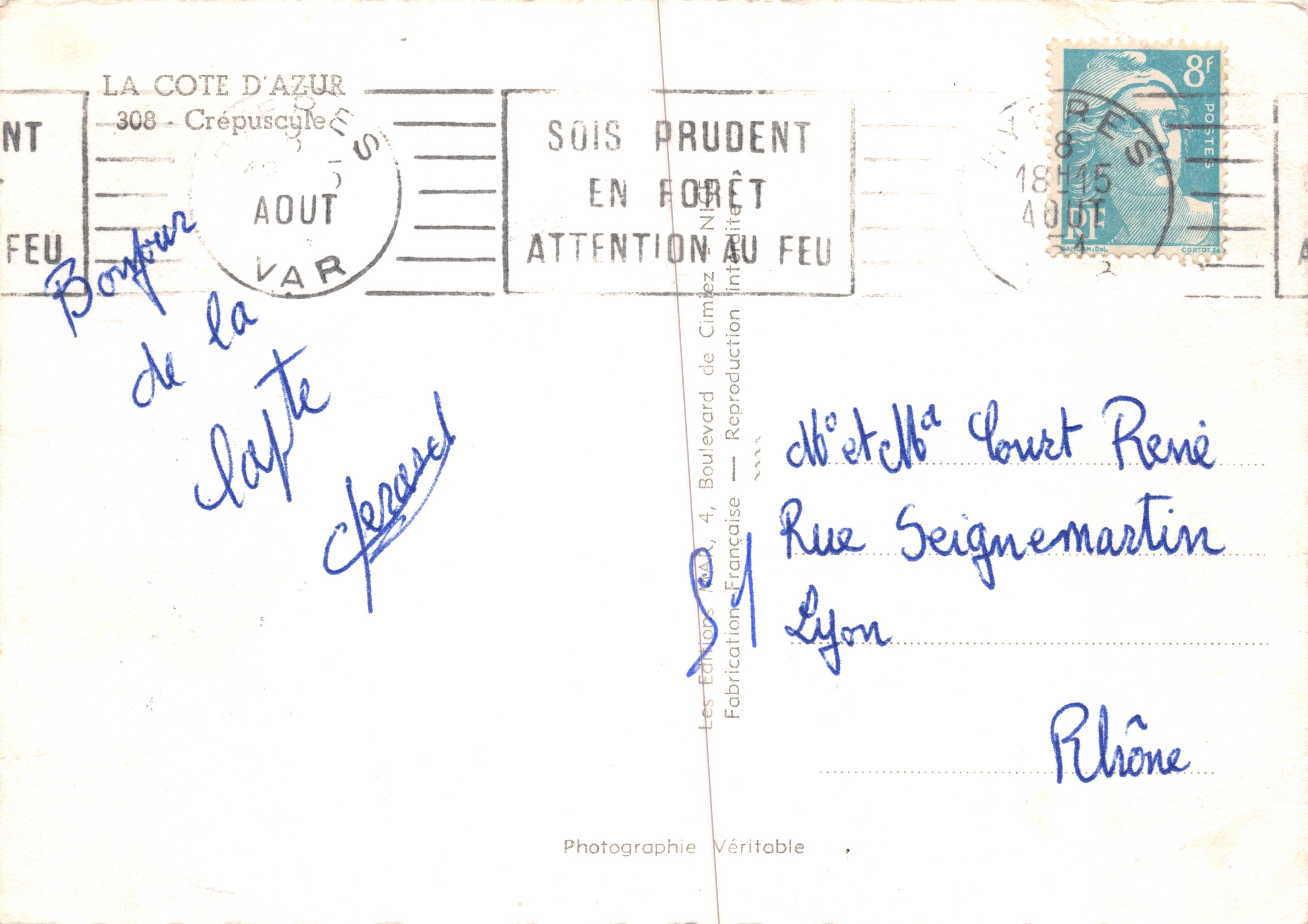 Côte d'Azur — Puesta de sol — Editor: Les Editions Française, n°308 — Reverso