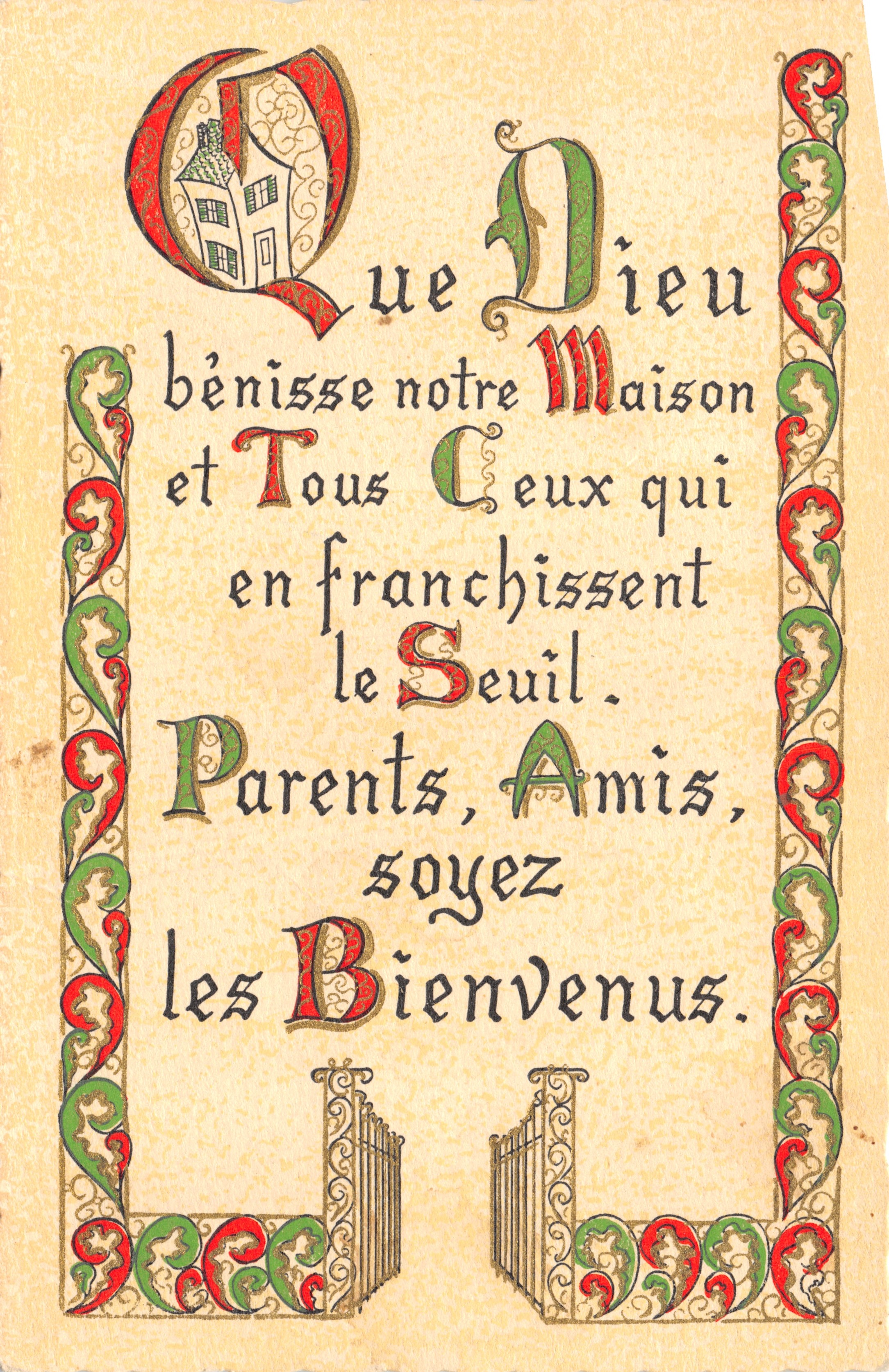 Bénédiction de maison — texte décoratif en lettres gothiques — Roussel Graveur, Rouen, Q1