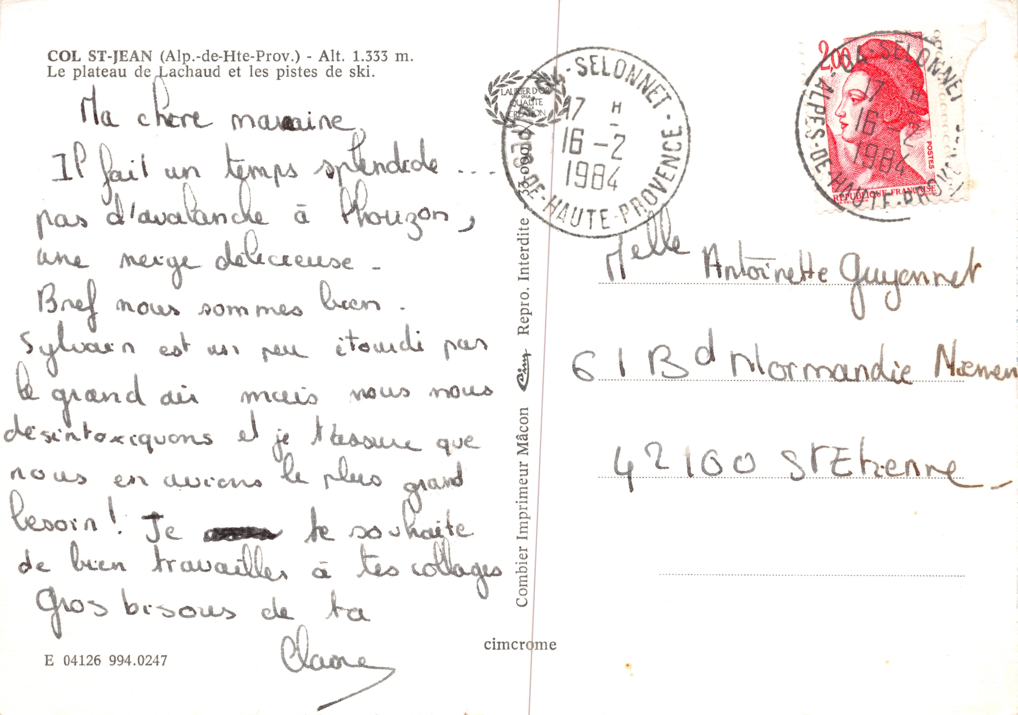 Calle St. Jean — El plateau de Lachaud y las pistas de esquí — Imprenta Combier — Reverso
