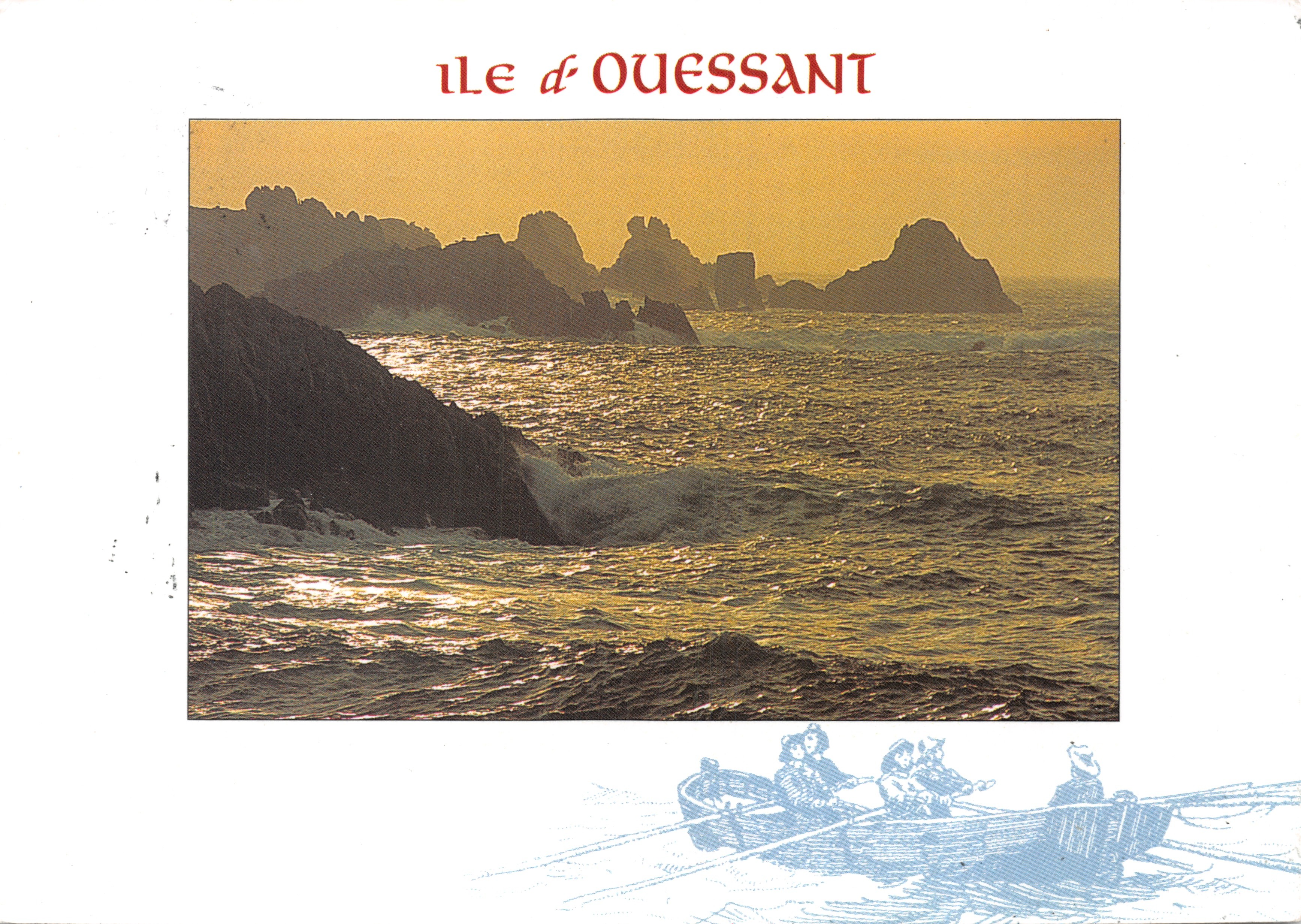Eiland Ouessant — kustlandschap met boot en rotsen — Éditions d'Art Jos Le Dant