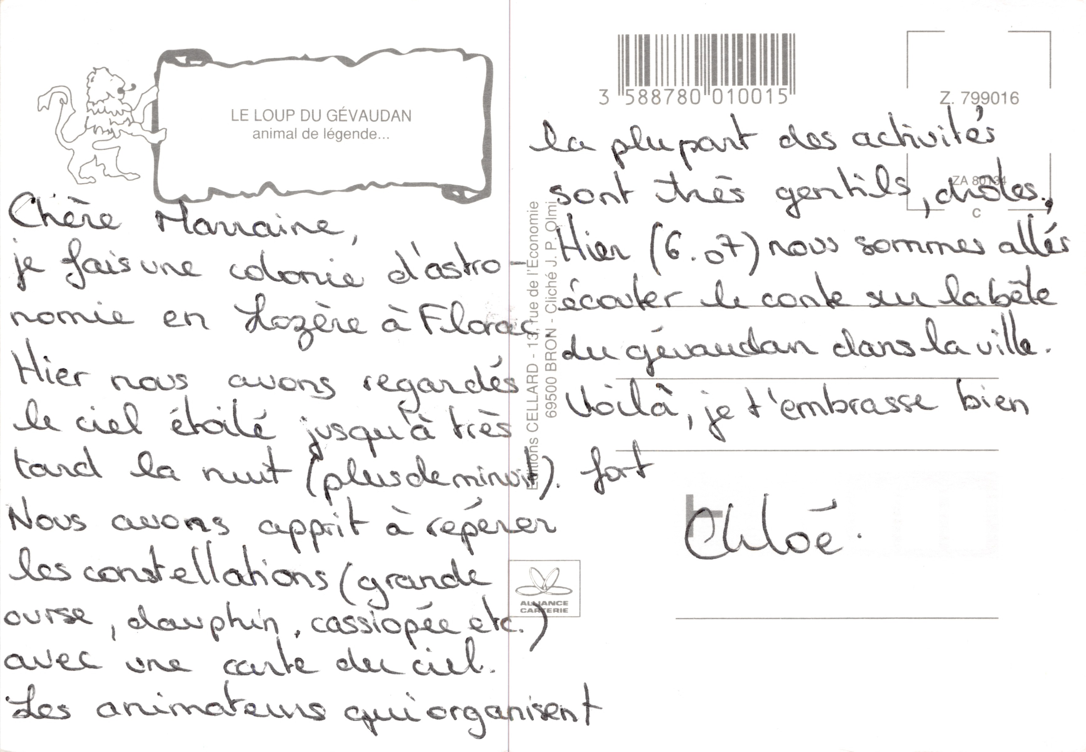 La Celebre "BEAST OF GÉVAUDAN" — Lupo — editore ALLIANCE CARREÈRE, n. Z.799016 — Verso