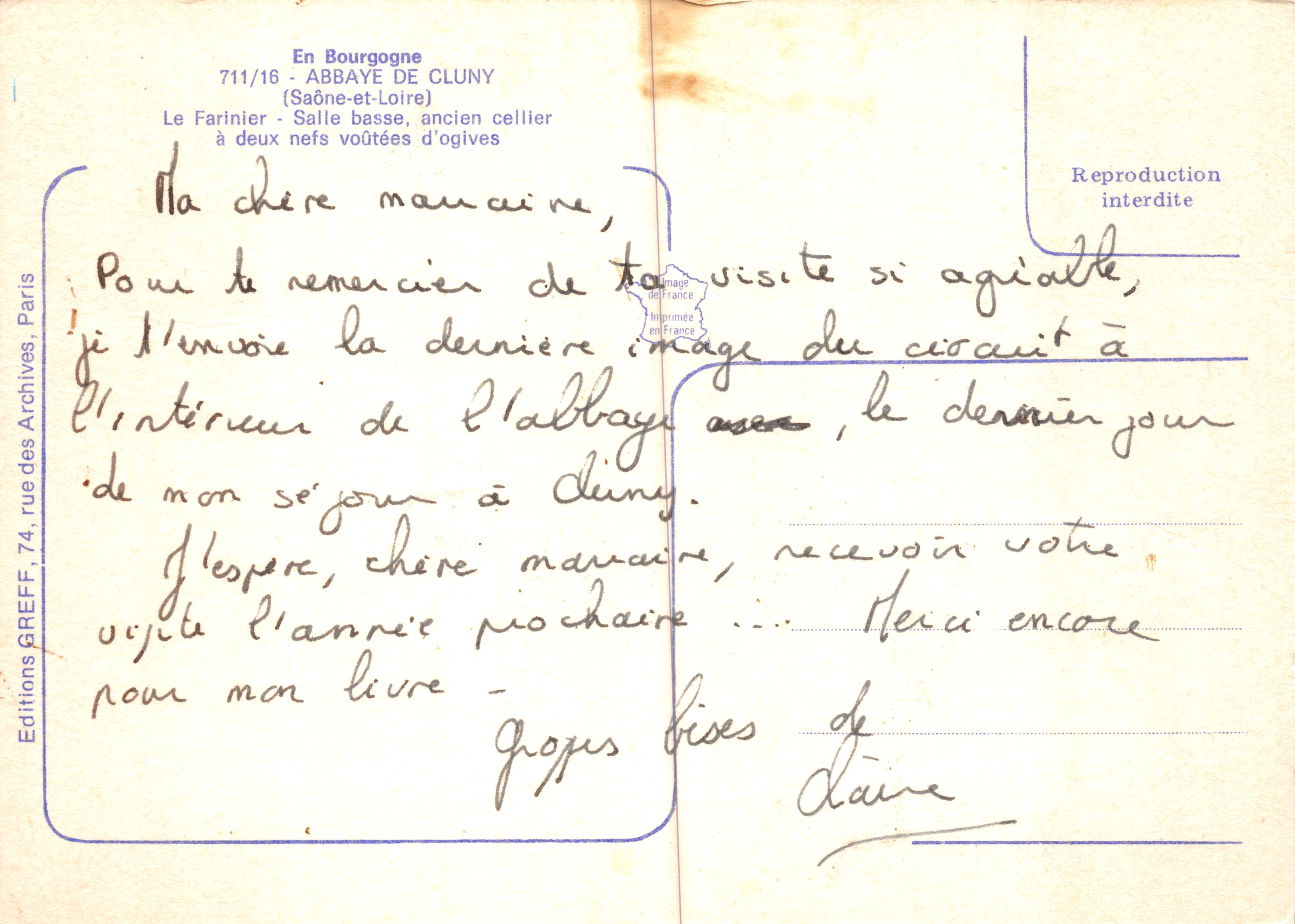 Abtei von Cluny — Unteres Zimmer, ehemaliger Keller mit zwei gewölbten Naven — Editions GREFF, 74, rue des Archives, Paris — Rückseite