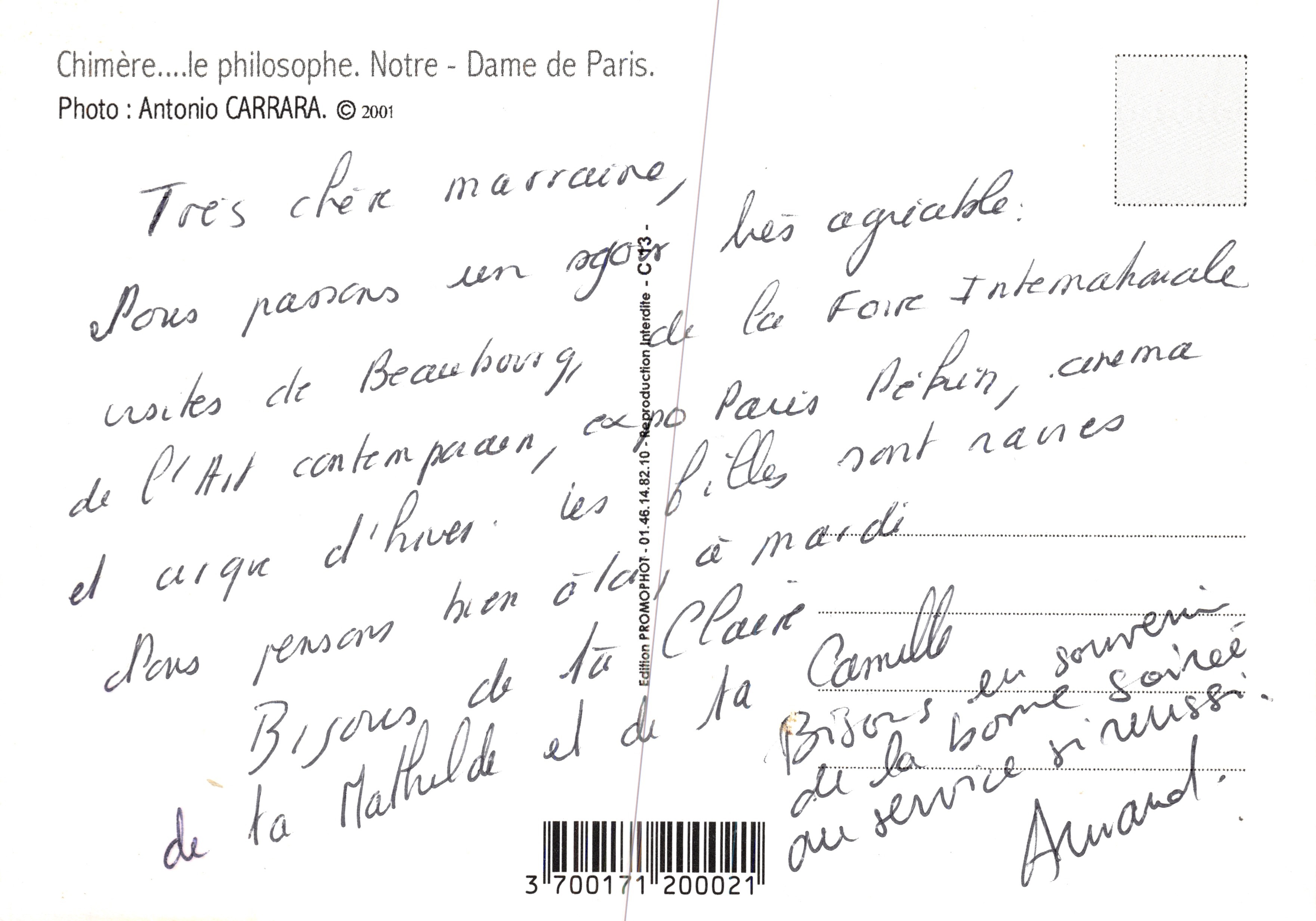 Garguillas de Notre-Dame de París — vista de París — Foto Antonio Carrara © 2001, edición PROMOPHOT-01.48.14.82.10 — Reverso