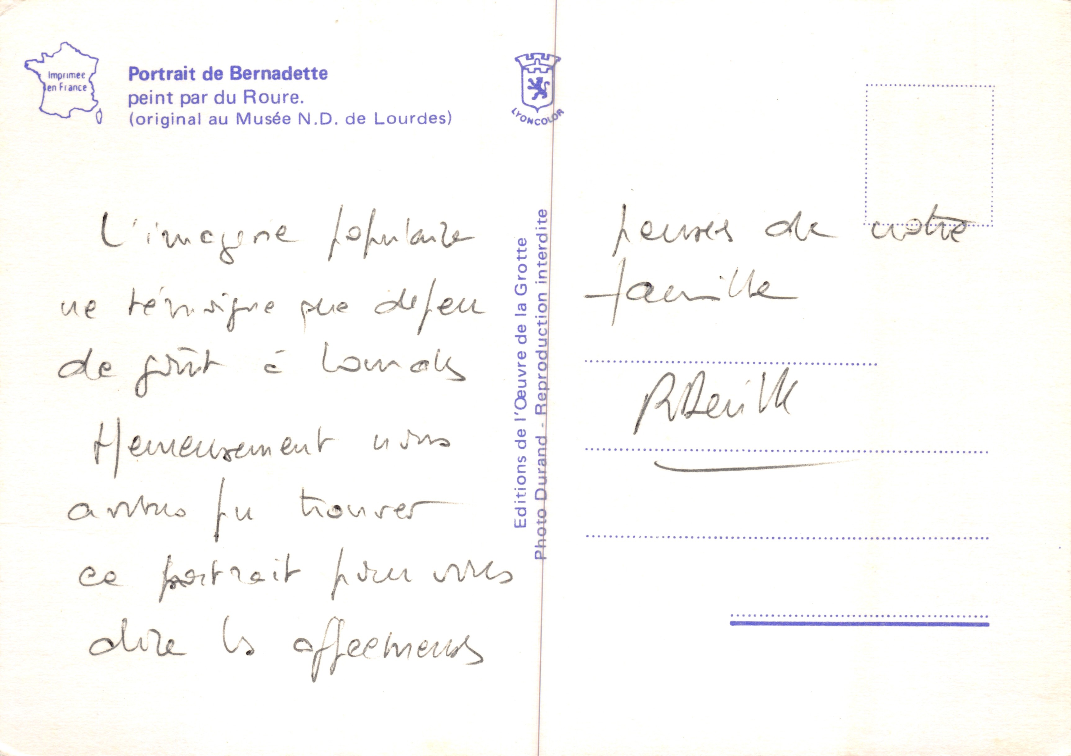 Bernadette Soubirous — painted portrait by L. du Roure — Durand Editions — Back