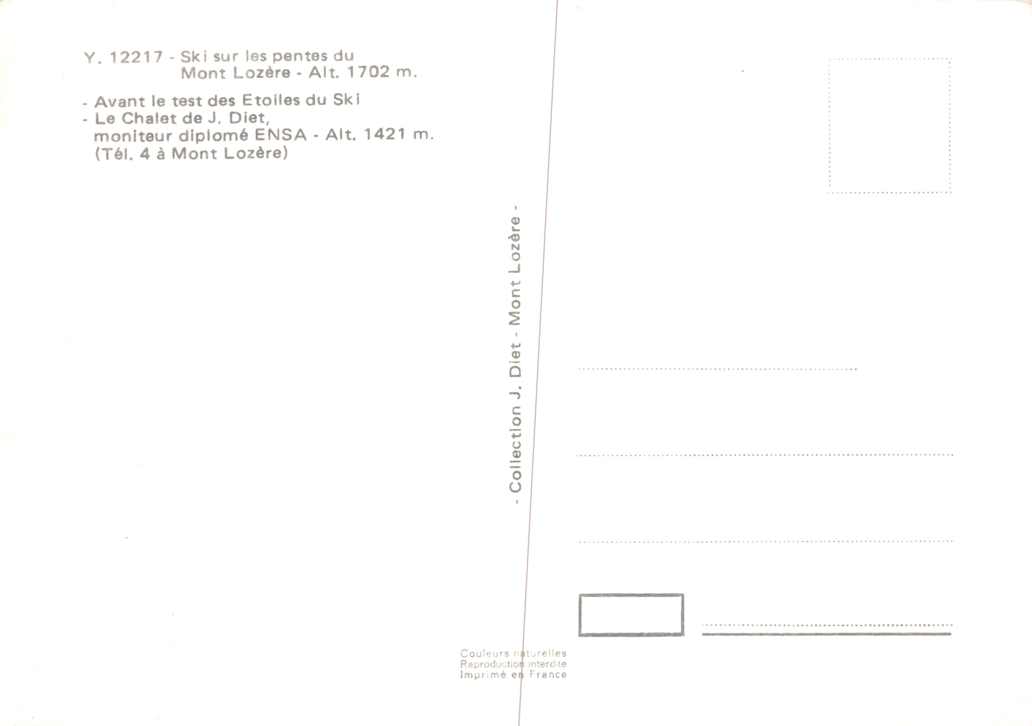 Chalet des MONT LOZÈRE — Panoramablick und Skifahrer — Verleger J. Diet — Rückseite