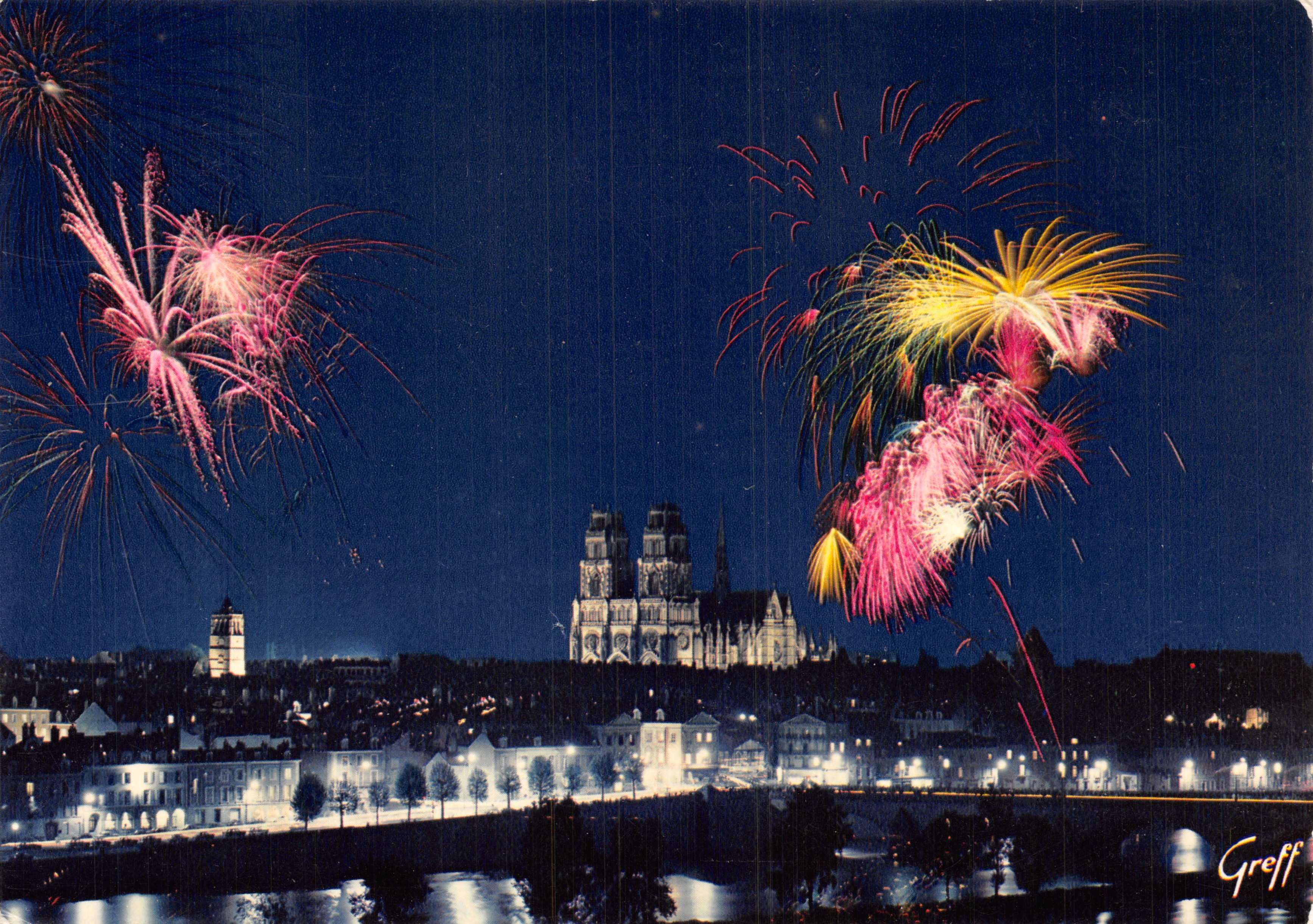 Orléans — Cattedrale di Santa Croce e le sponde della Loira illuminate da fuochi d'artificio — Edizioni GREFF