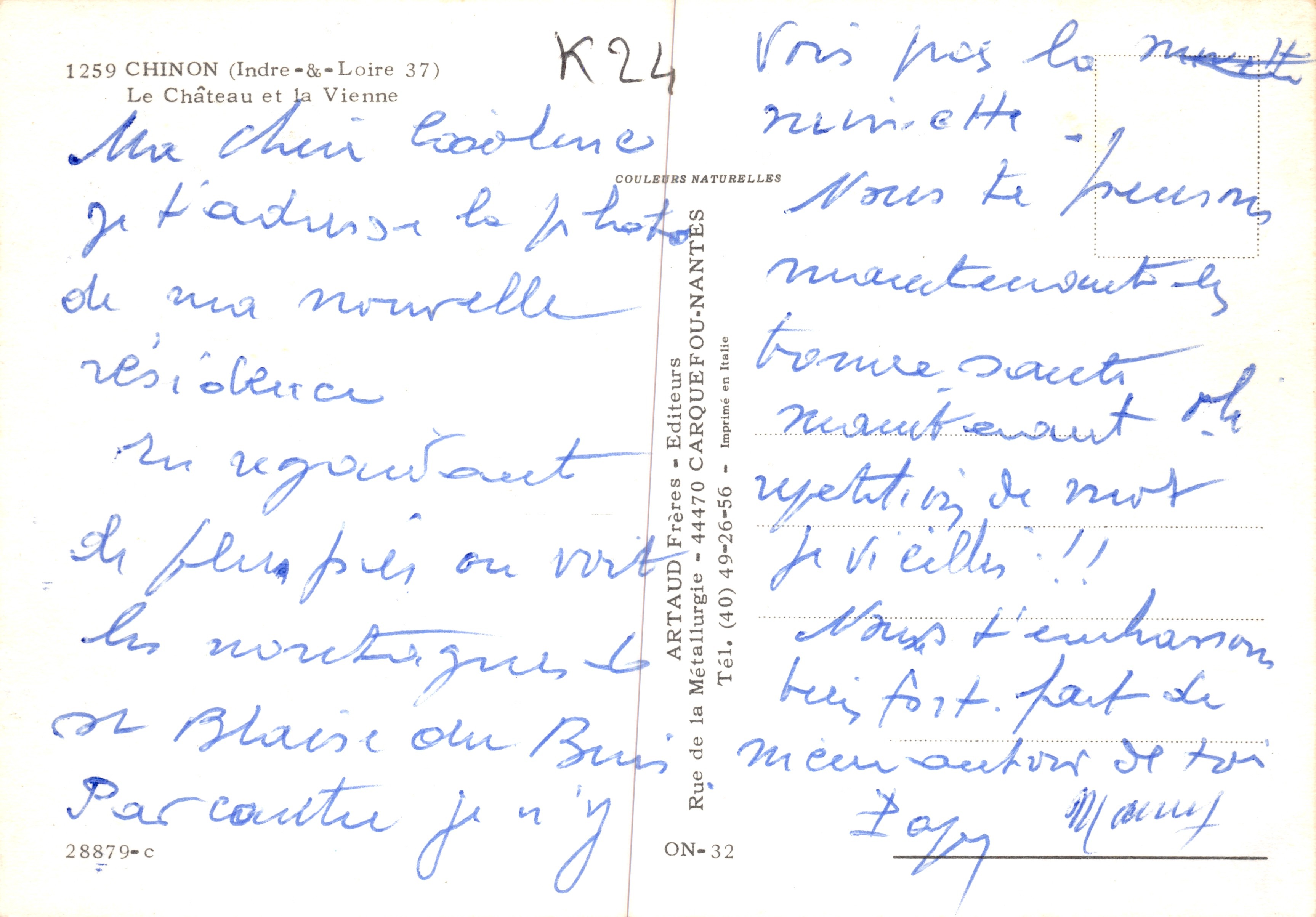 Chinon (Indre-et-Loire 37) — Il Castello e la Vienne — editore ARTAUD Frères — Verso