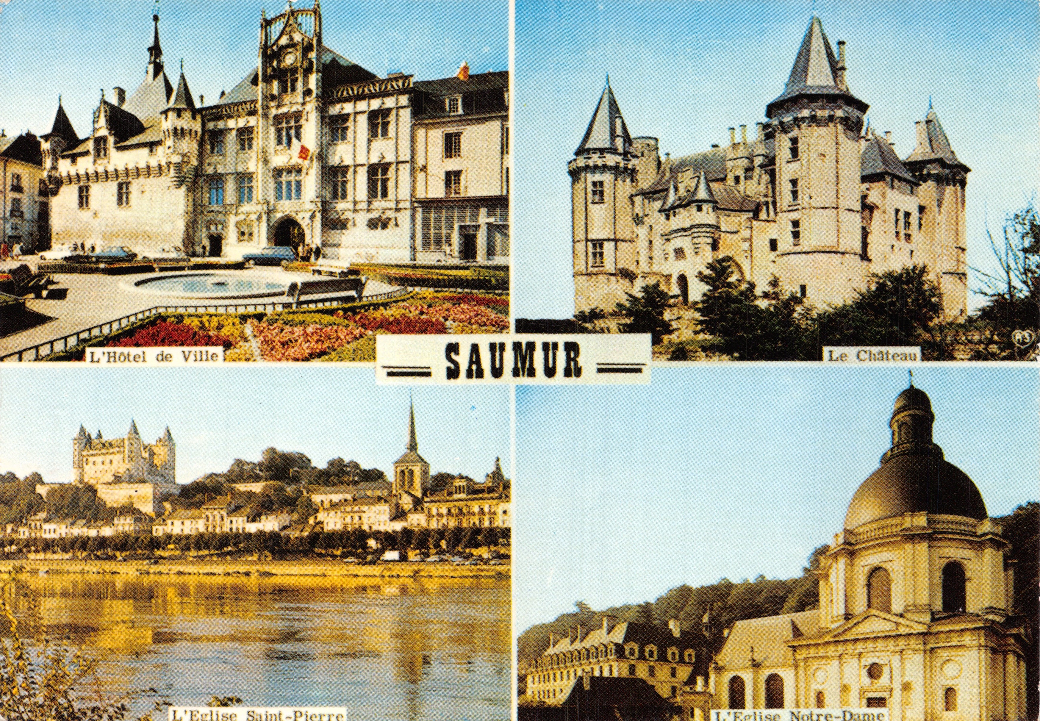 Saumur — vue composite de l'Hôtel de Ville, du Château, de l'Église Saint-Pierre et de l'Église Notre-Dame — Imprimerie des Couleurs, SAUMUR