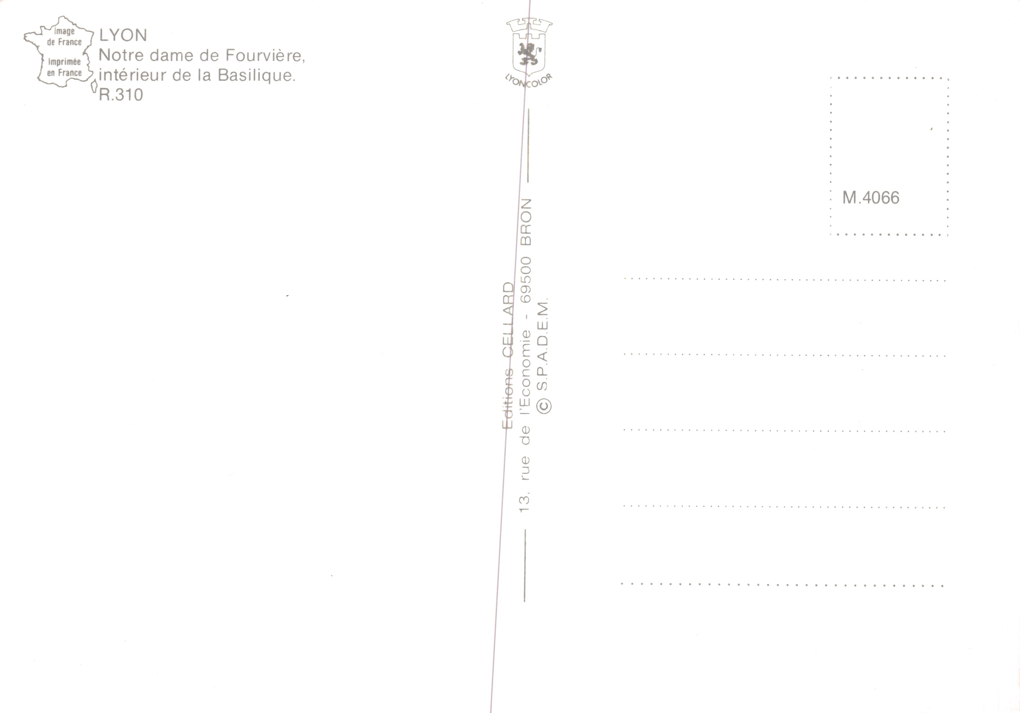 Interior de la Basílica de Notre-Dame de Fourvière — Lyon — editor LIONCOLOR, n.º R.310 — Reverso