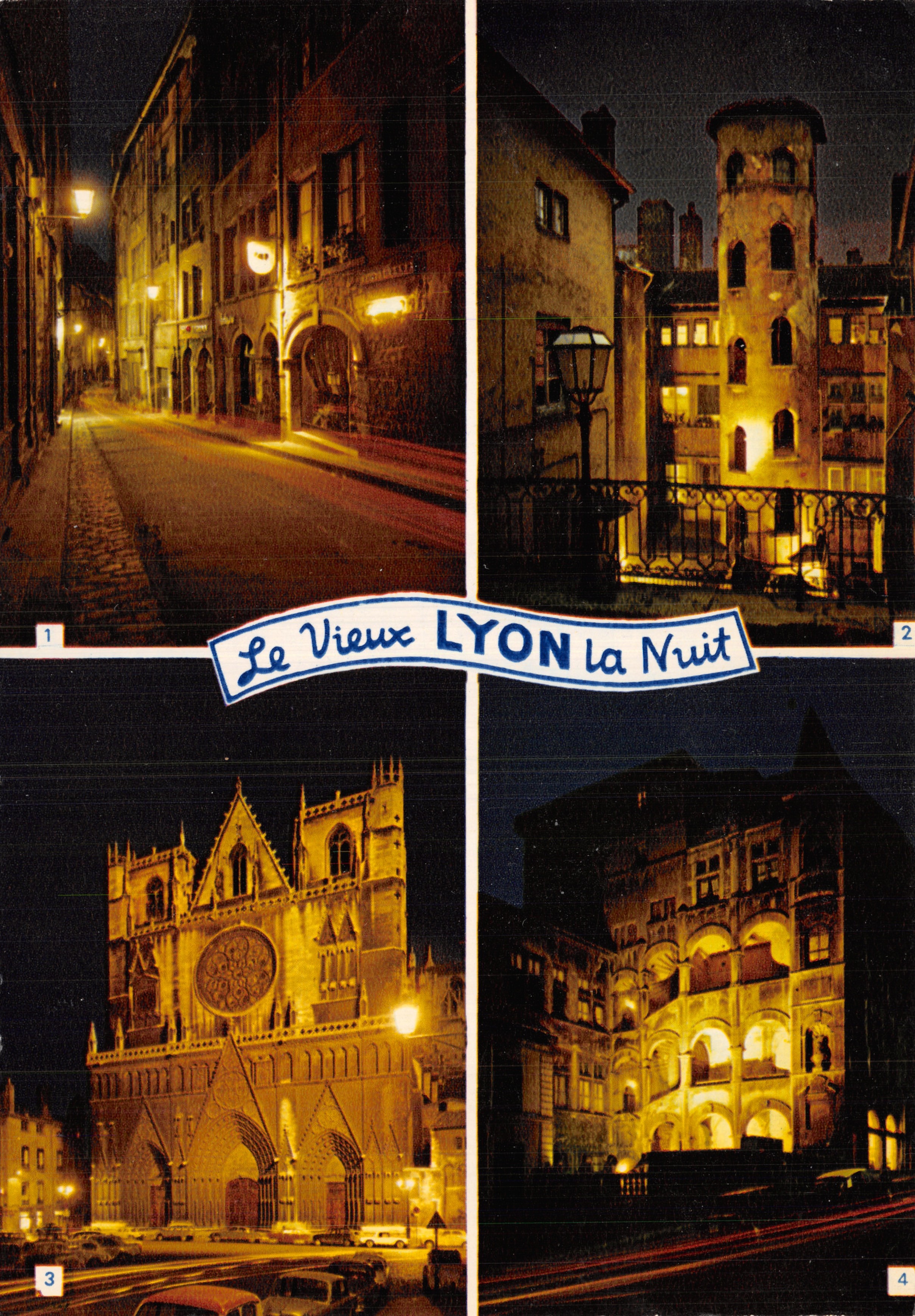 EL VIEJO LYON de Noche — vista nocturna en 4 escenas: calle, torre, catedral, edificio