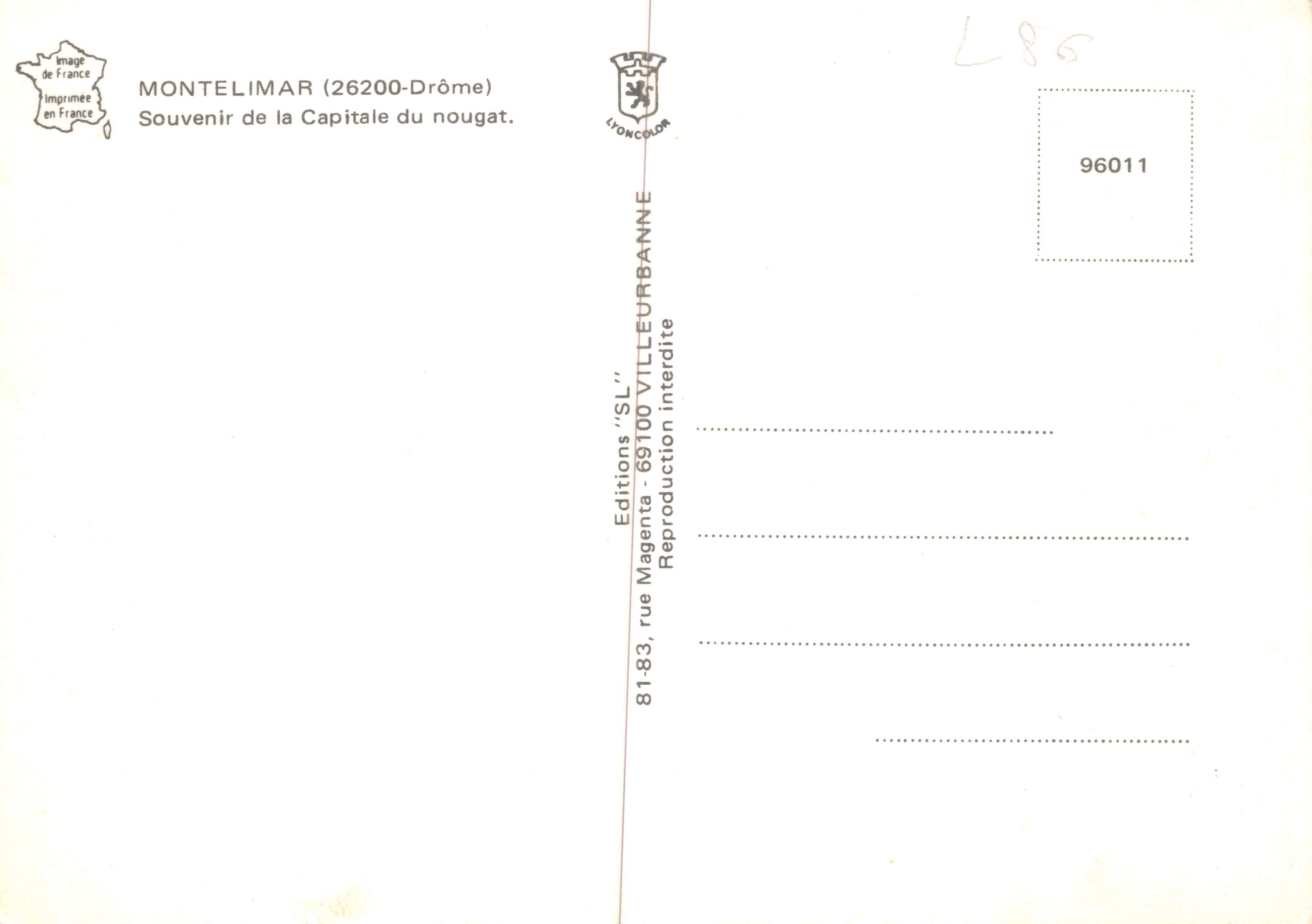 Montélimar — vista di giardini, torre, chiesa e piazza — editore Editions 'SL' n° 96011 — Verso