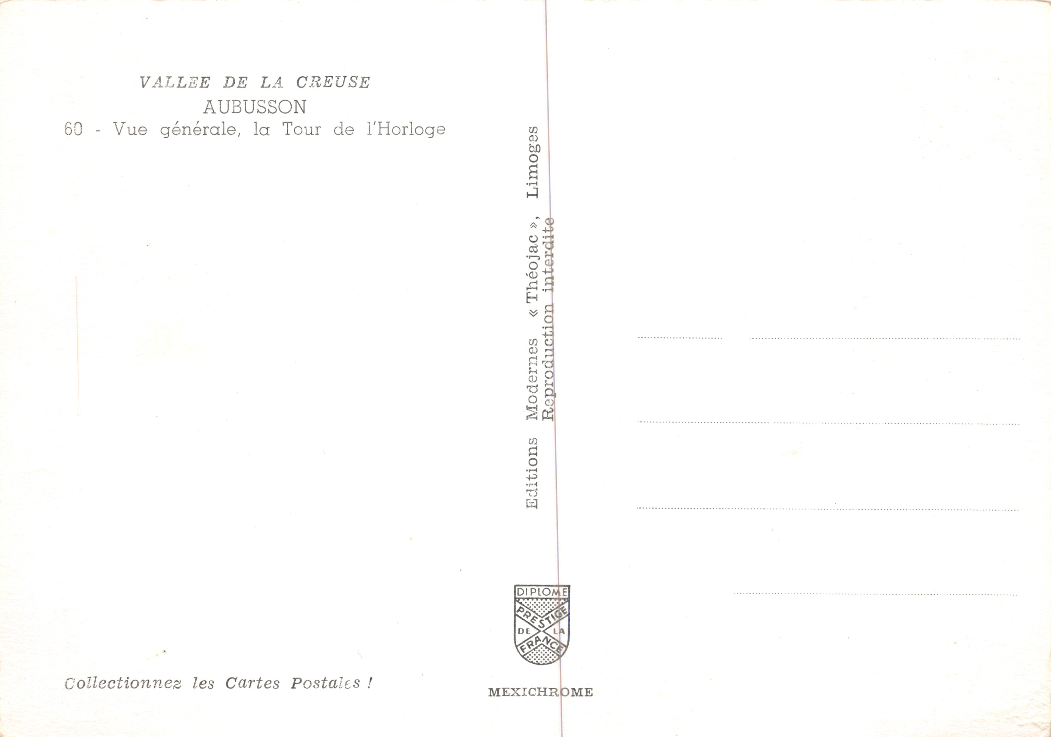 Aubusson — Vista generale, la Torre dell'Orologio — Edizioni Moderne « Théo Jac » — Verso