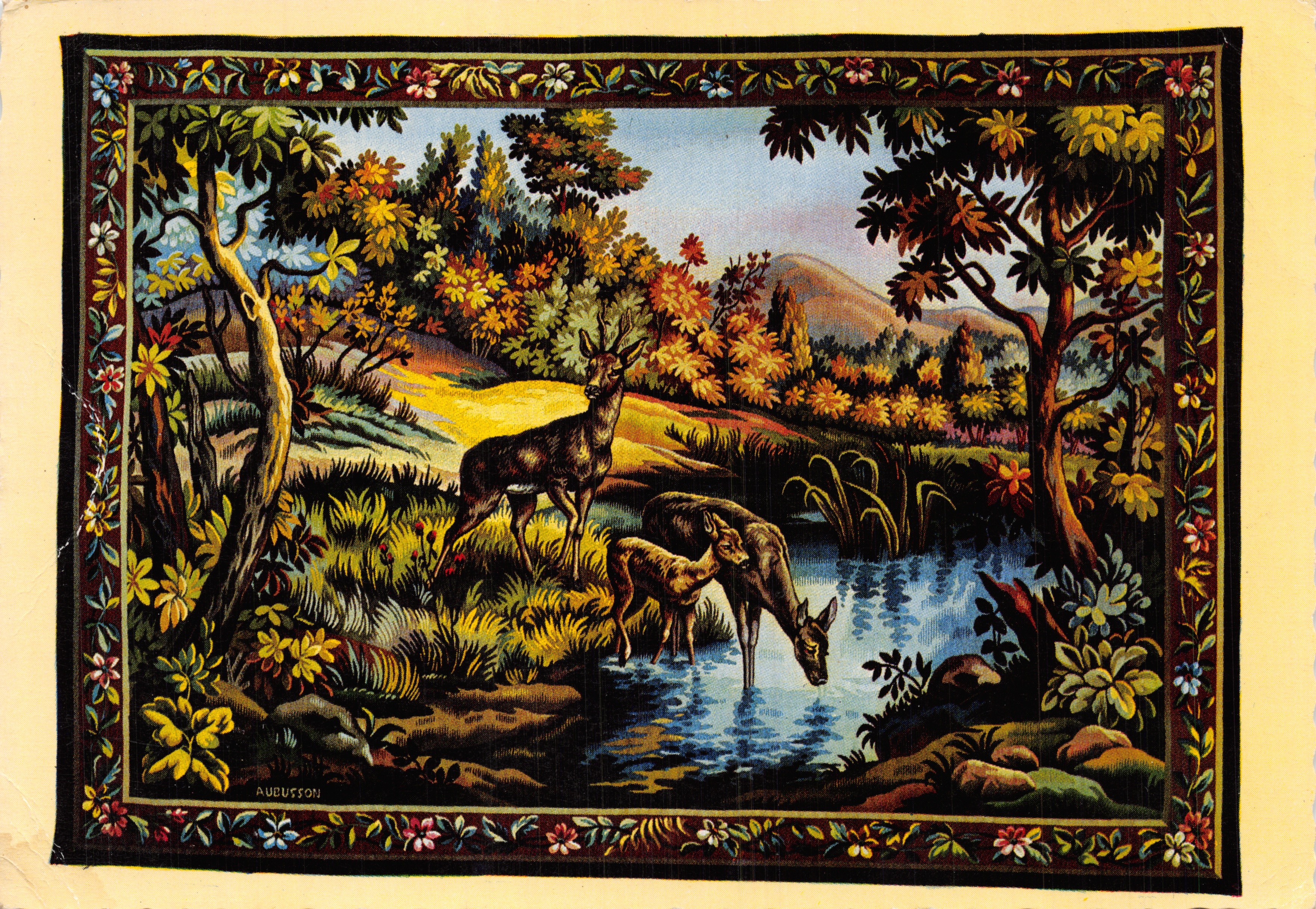 Dos ciervos cerca de un estanque — escena de bosque otoñal — editor AUBUSSON