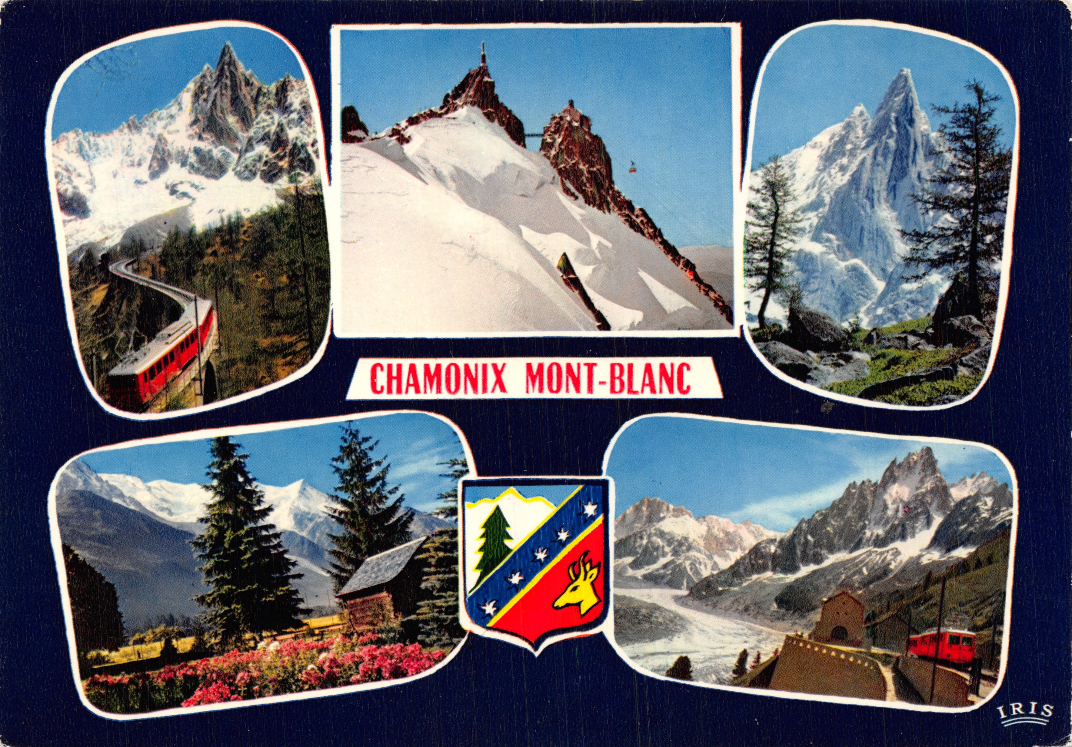 Chamonix Mont-Blanc — vista panoramica con treno, cime e ghiacciaio — editore IRIS